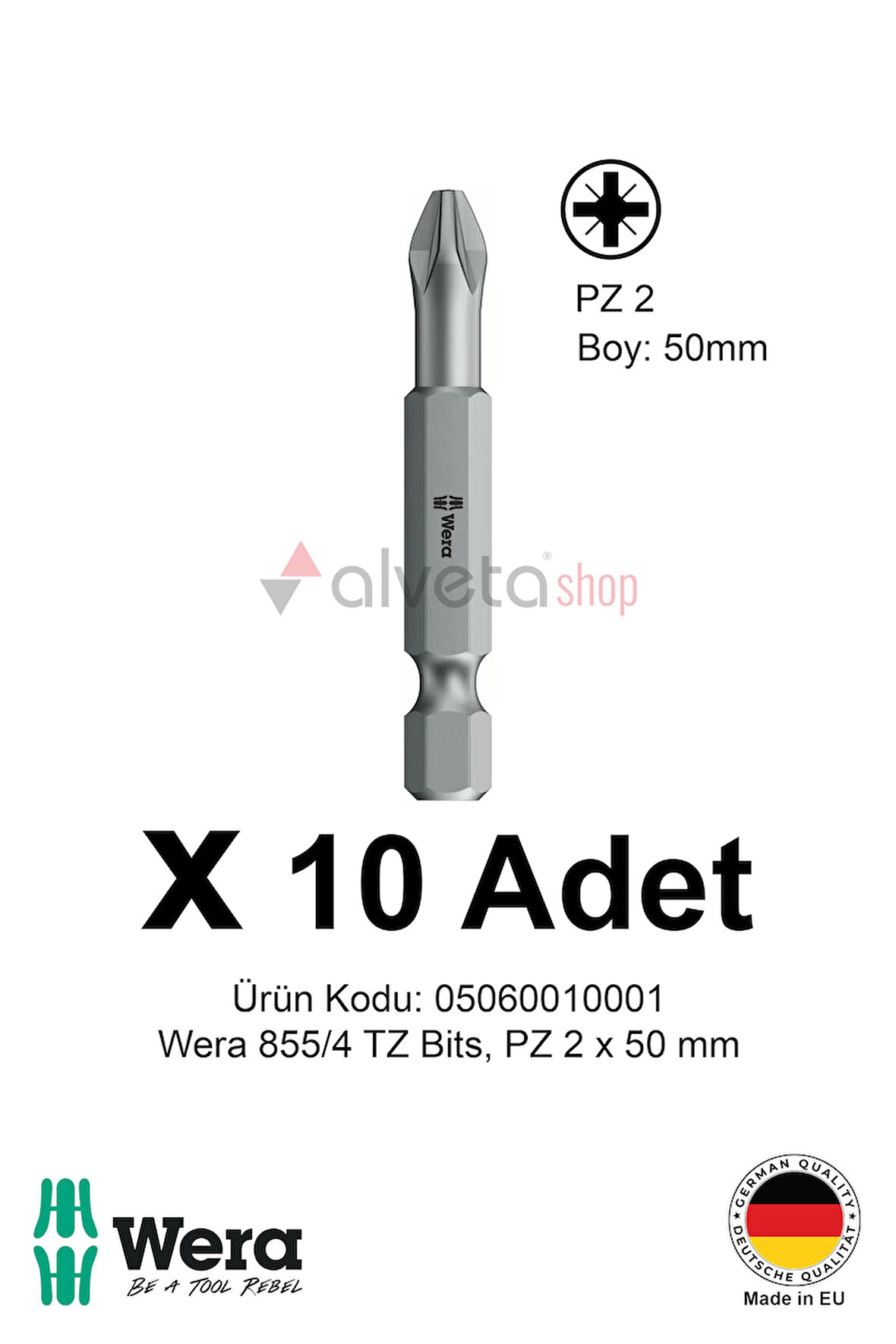 Alveta Wera 855/4 TZ PZ2 x 50mm Tornavida Ucu 10 Adet | Pozidriv Vidalama Bits Seti Profesyonel Seri