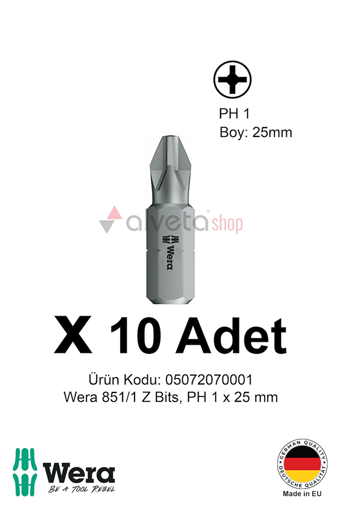 Alveta Wera 851/1 Z PH1 x 25mm Tornavida Ucu 10 Adet | Yıldız Vidalama Bits Seti Profesyonel Seri