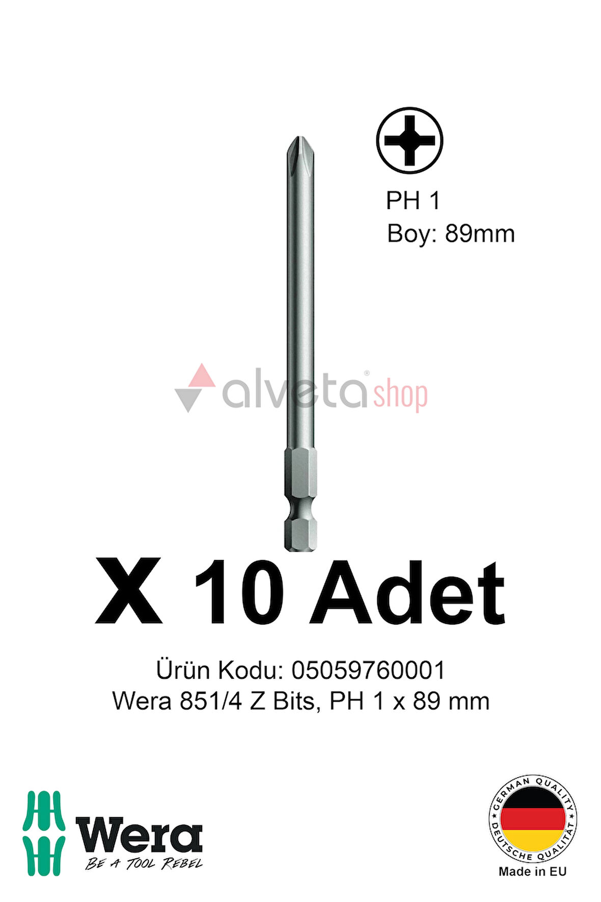 Alveta Wera 851/4 Z PH1 x 89mm Tornavida Ucu 10 Adet | Yıldız Vidalama Bits Seti Uzun Seri