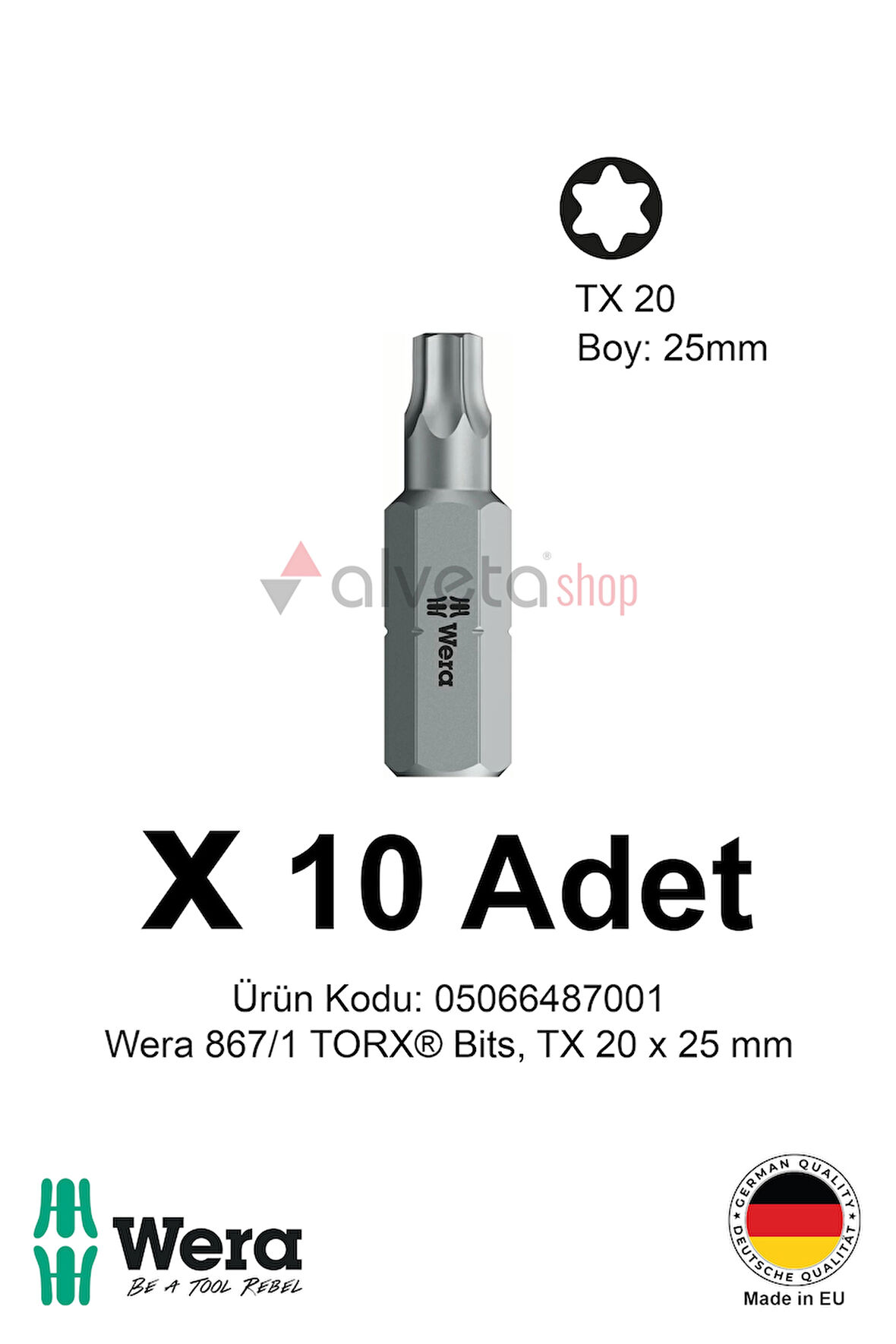 Alveta Wera 867/1 TORX TX20 x 25mm Tornavida Ucu 10 Adet | Torx Vidalama Bits Seti Profesyonel Seri