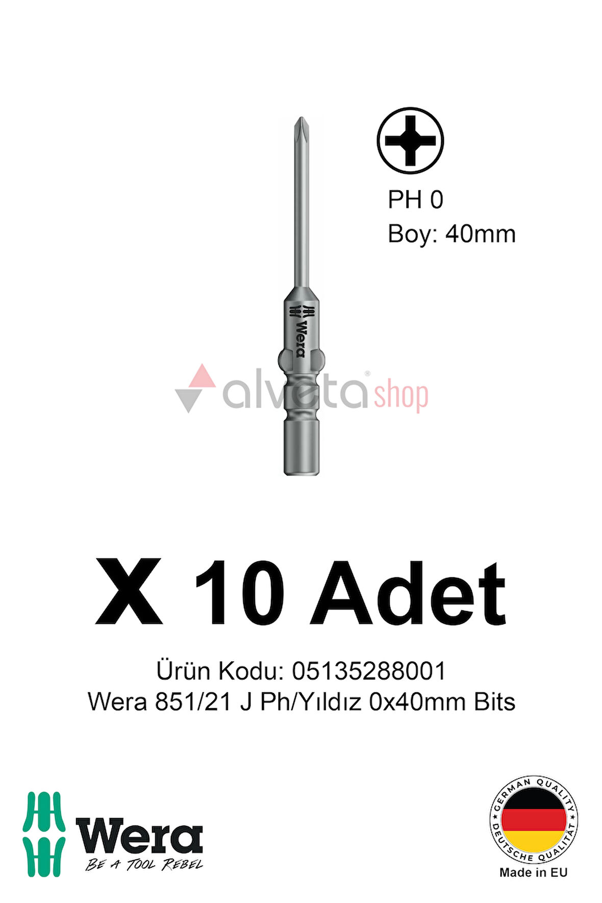 Alveta Wera 851/21 J PH0 x 40mm Tornavida Ucu 10 Adet | Yıldız Vidalama Bits Seti Hassas Seri