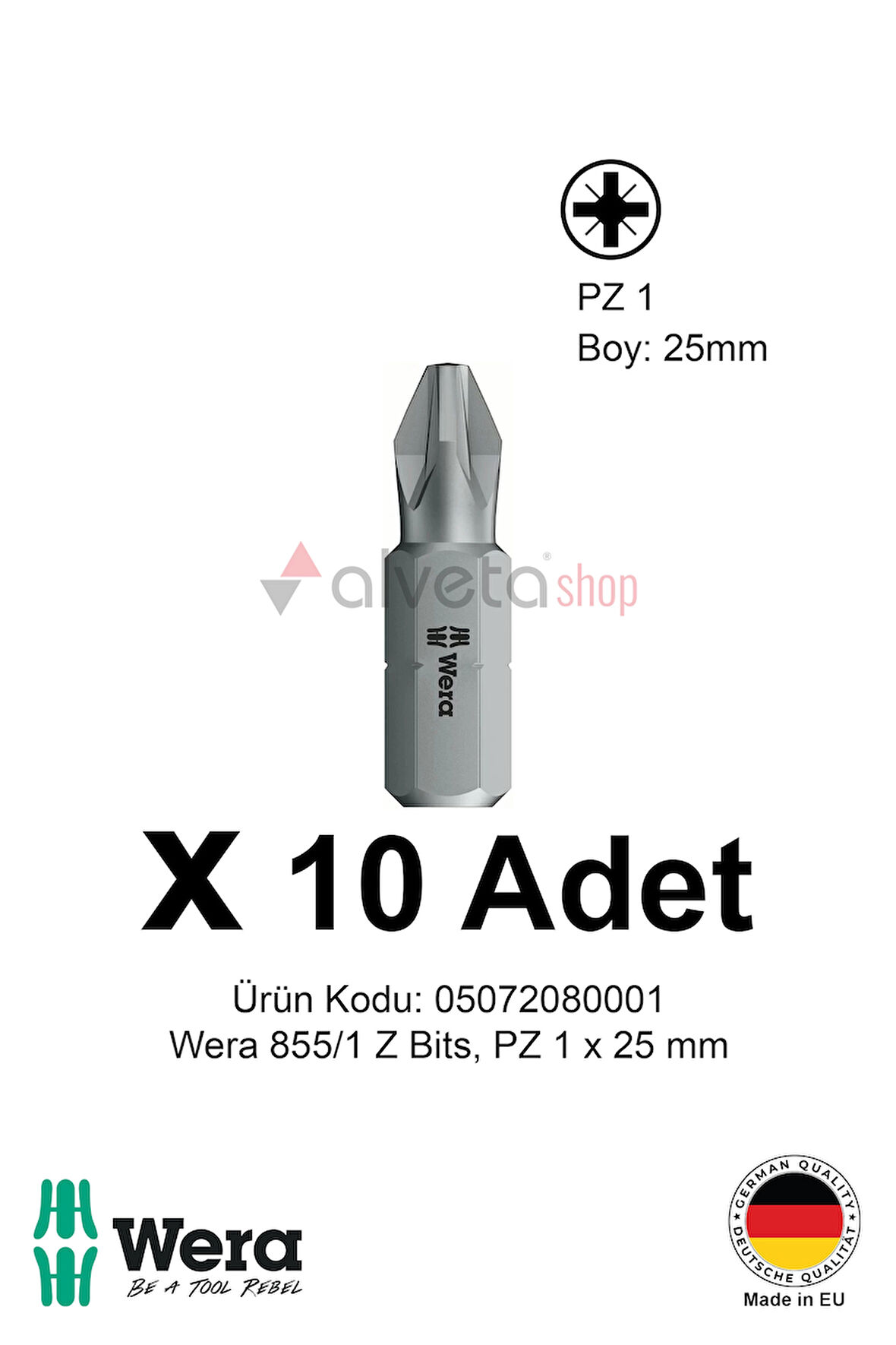 Alveta Wera 855/1 Z PZ1 x 25mm Tornavida Ucu 10 Adet | Pozidriv Vidalama Bits Seti Profesyonel Seri