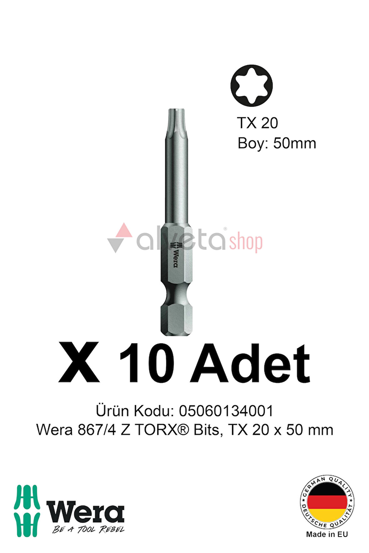 Alveta Wera 867/4 Z TORX TX20 x 50mm Tornavida Ucu 10 Adet | Yıldız Vidalama Bits Seti Uzun Seri