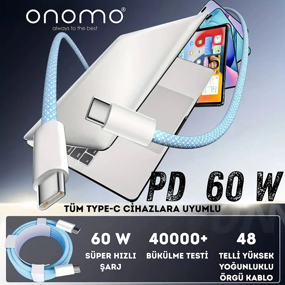 60w Hızlı Şarj 2 Metre Örgü Kablo Type-c Şarj Kablosu Mavi Renk Iphone, Samsung, Xiomai , Huawei