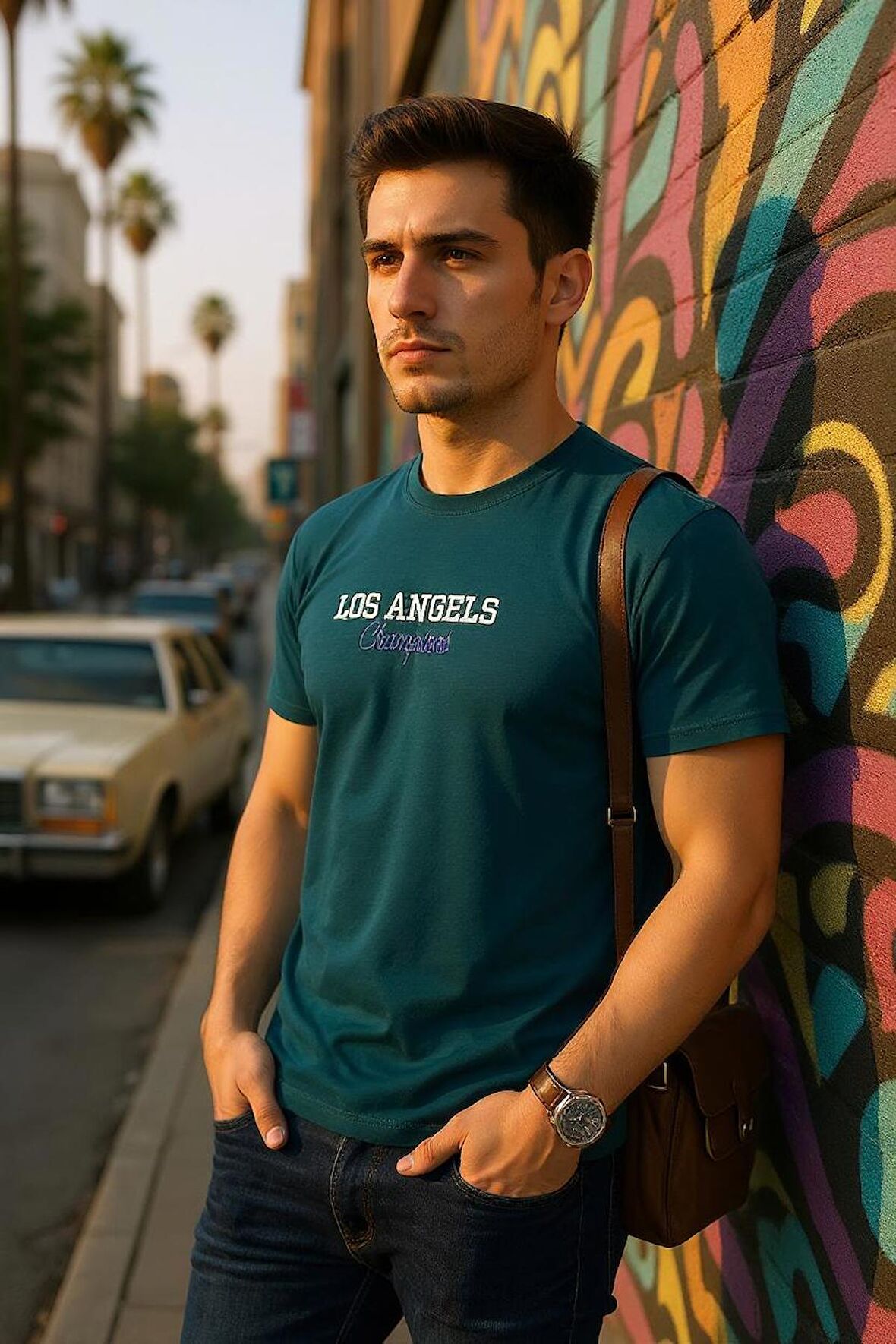 Erkek  Nakış Baskılı Yumuşak Pamuklu T-Shirt