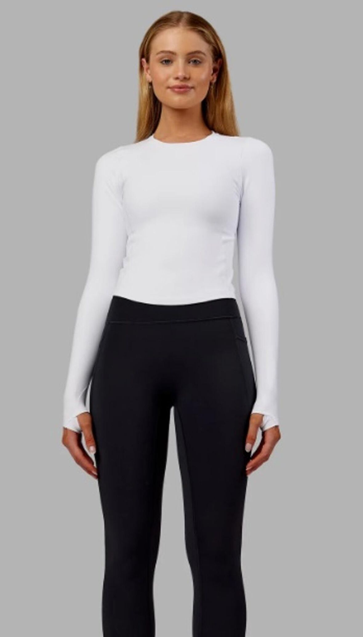 Beyaz Bisiklet Yaka Uzun Kol Body DARKALIP Cotton Ribana Kumaş Parmak Geçmeli  Jimnastik Spor Body