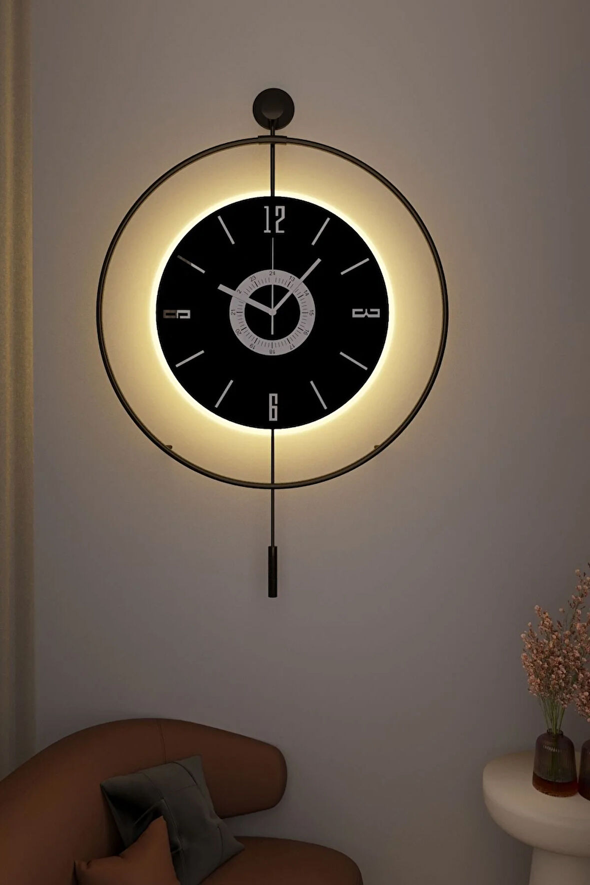 Büyük Boy(50*75CM)- Pilli Led-Kadranlı Siyah Çember Siyah Abs Göbek-modern Metal Ledli Duvar Saati