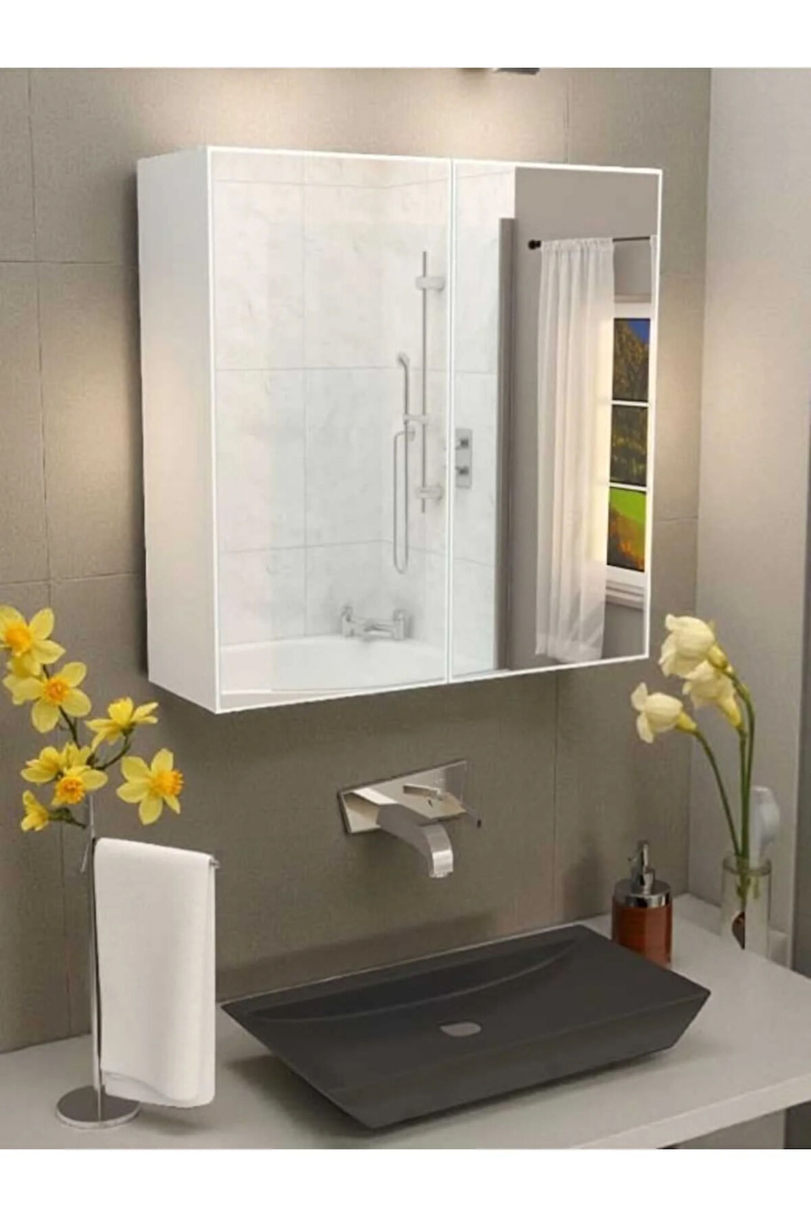 Aynalı Banyo Dolabı İki Kapaklı 60X60X15 cm