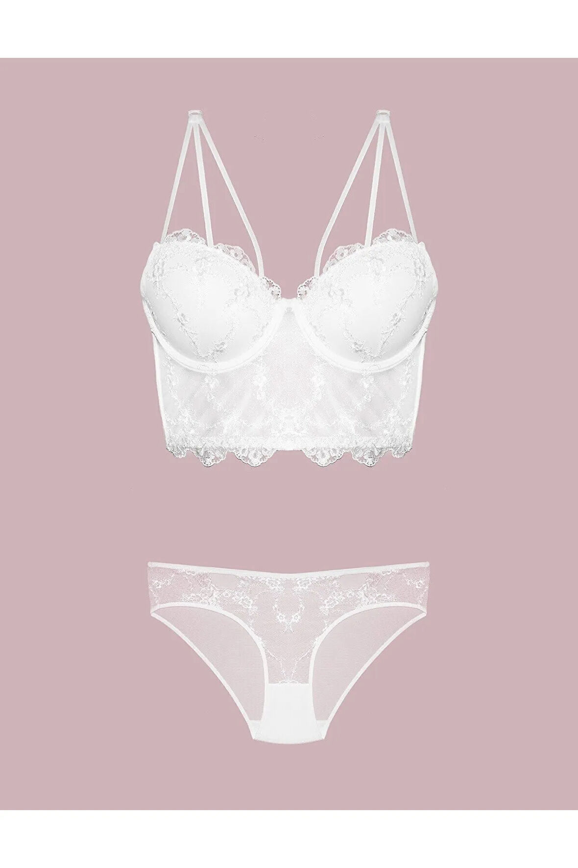 Kadın Kırmızı Dantelli Balenli Destekli Sütyen Takım