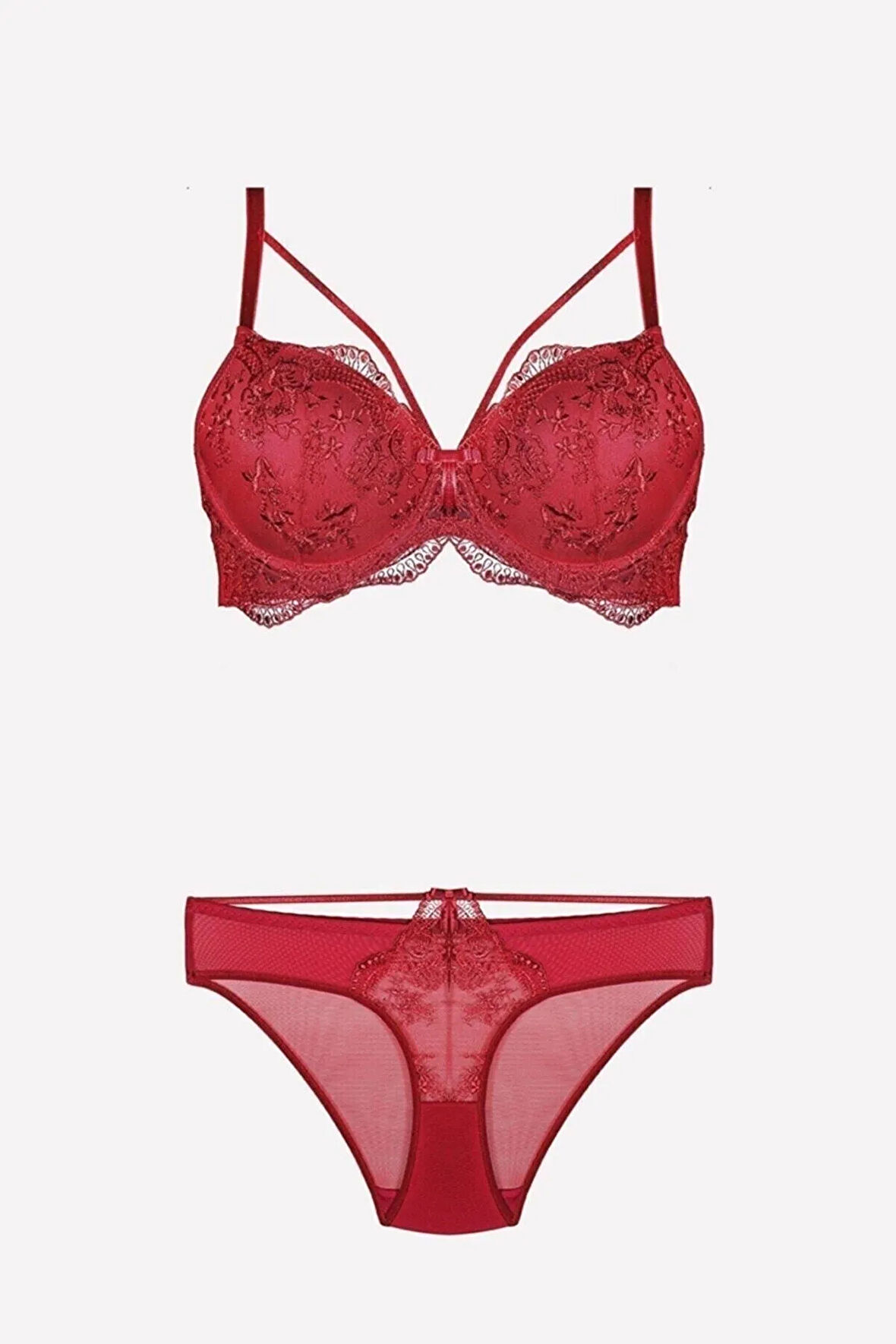 Kadın Kırmızı Balenli Destekli Sütyen Takım