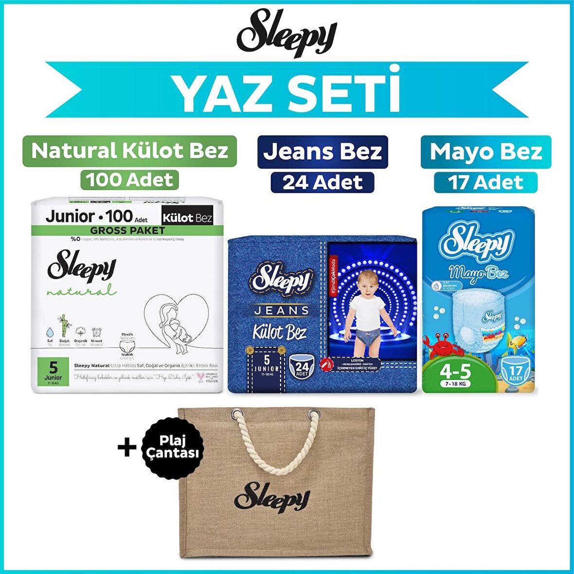 Sleepy 5 Numara Junior Natural Gross 100+Mayo Bez 17+Jeans Külot Bez 24+Plaj Çantası