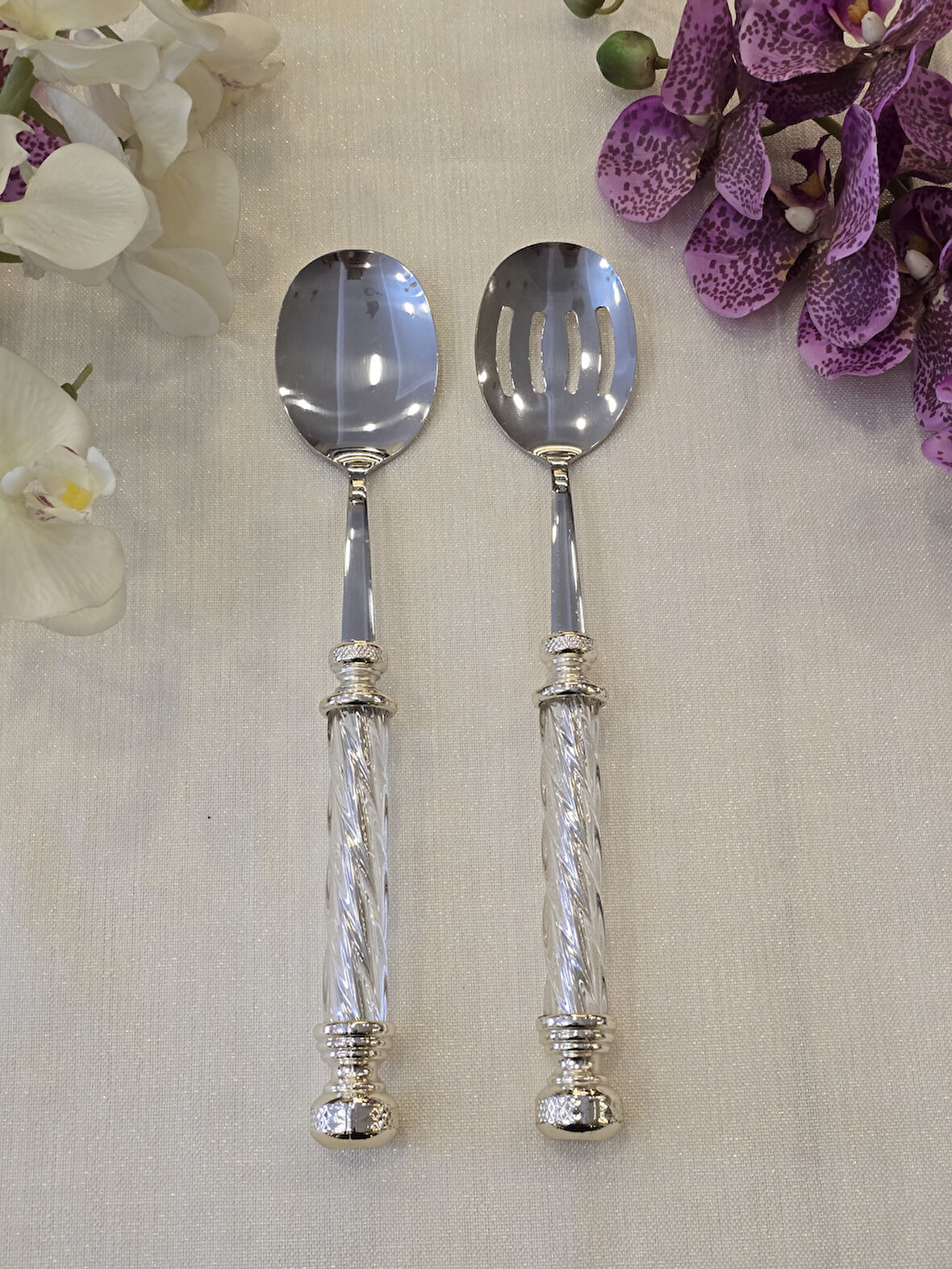 2 Parça Kristal Salata Servis Kaşık Seti Gümüş