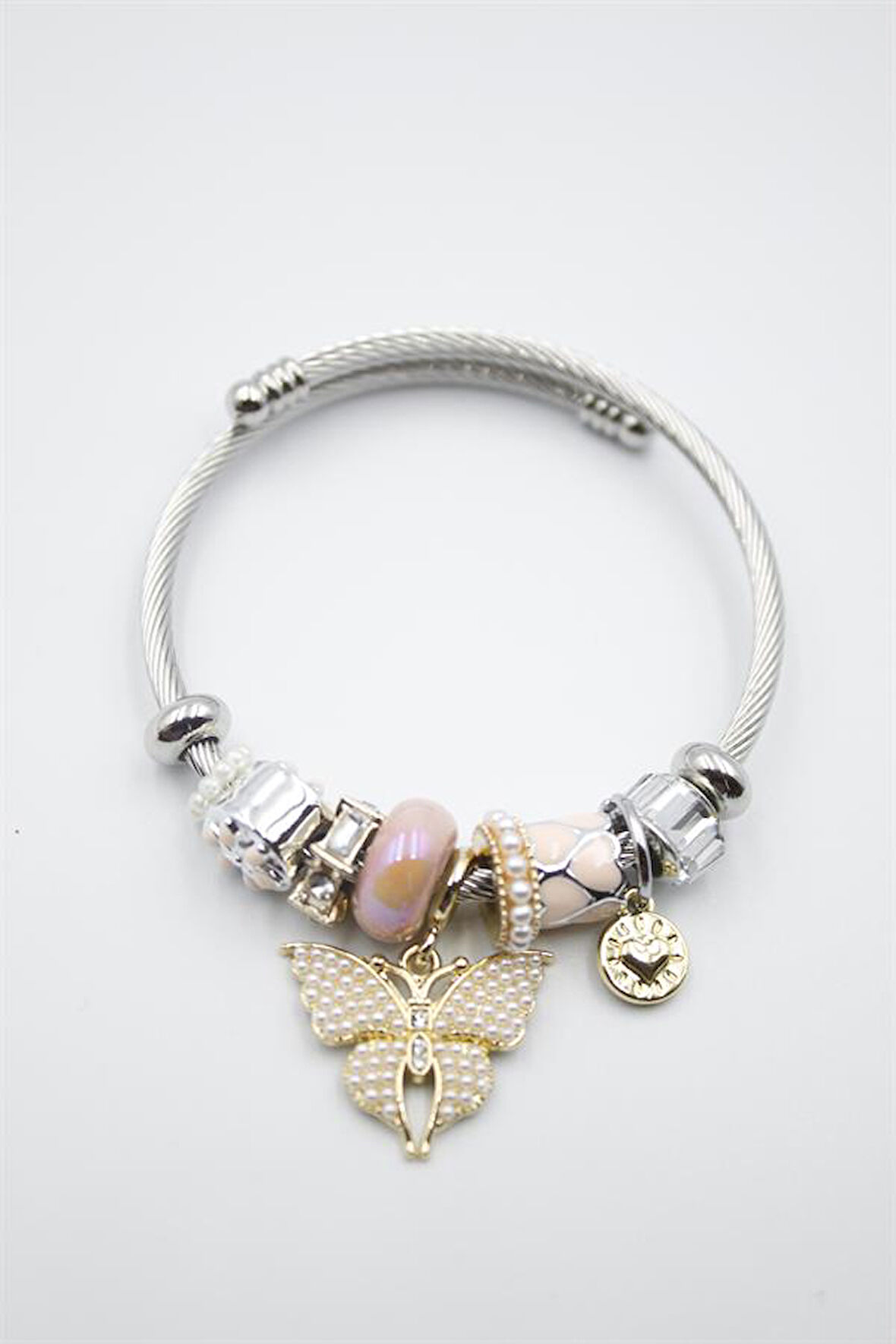 Çelik Charmlı Kelebek Bileklik - Pembe