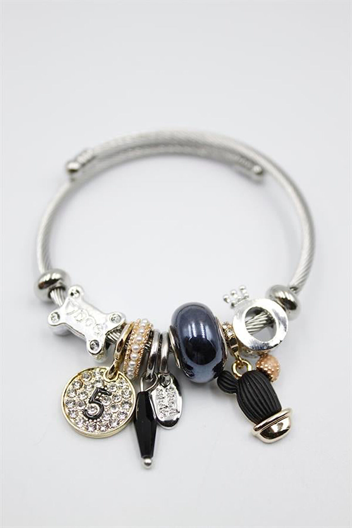 Çelik Charmlı Kaktüs Bilezik - Siyah