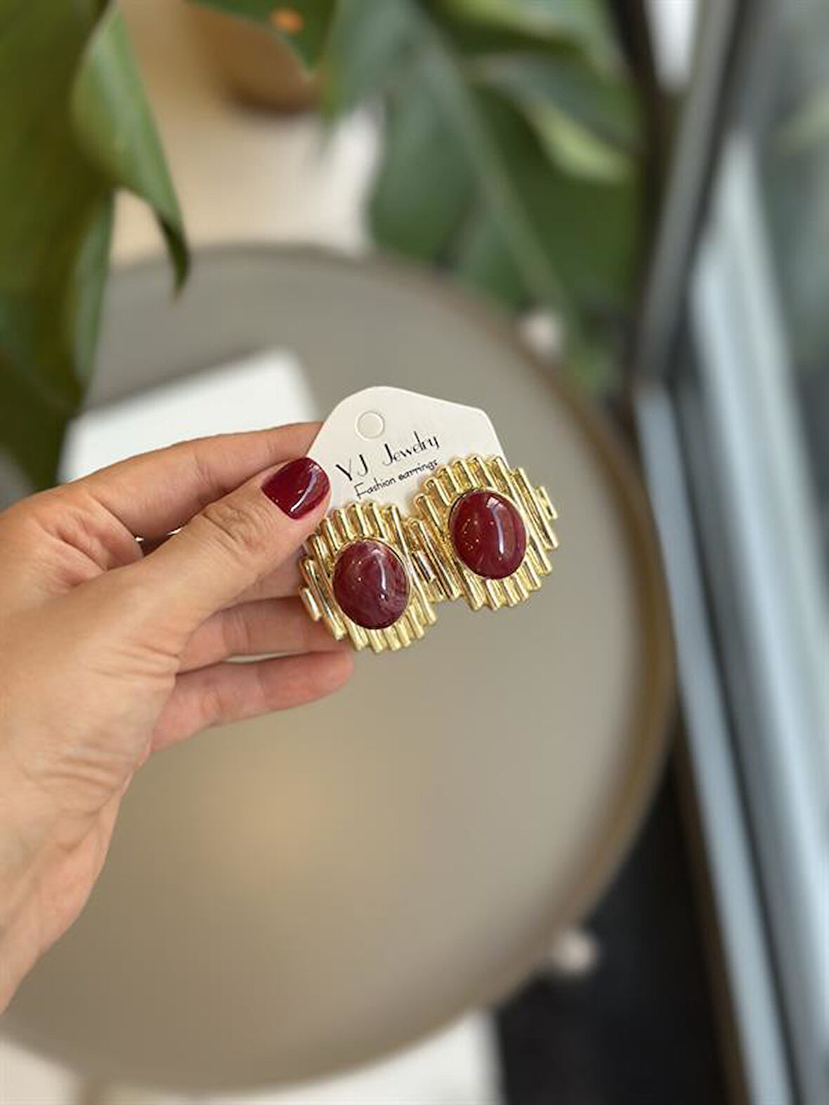 Taşlı Küpe - Bordo