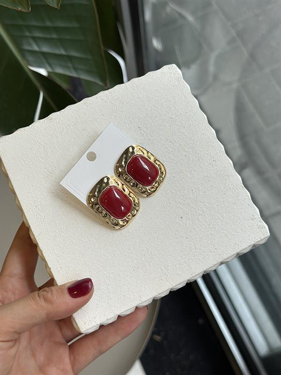 Taşlı Küpe - Bordo