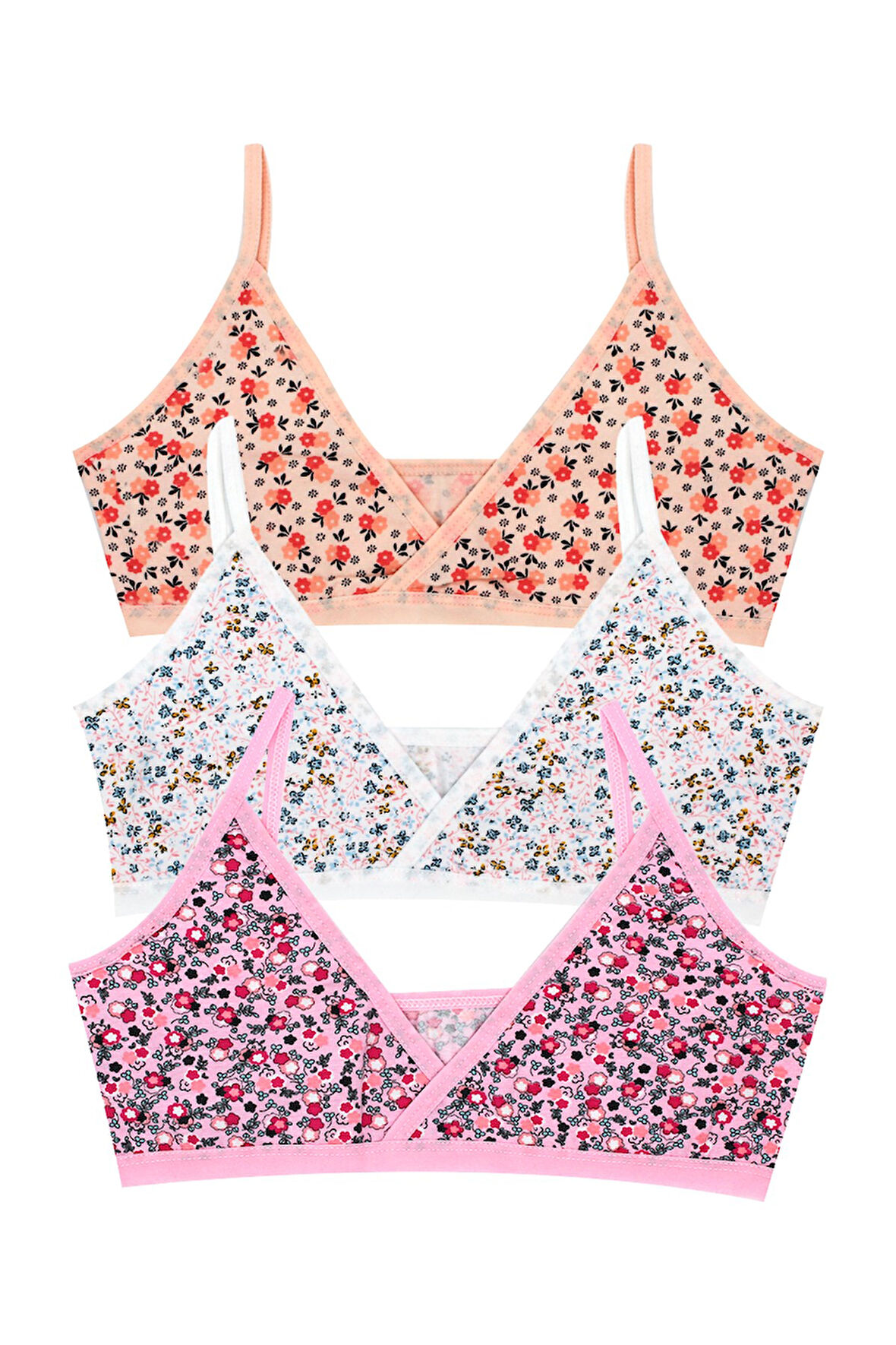 Öts Kız Çocuk Büstiyer 3'lü Çiçekli Kruvaze Yaka Pedsiz (%96 Pamuk - %4 Elastan)