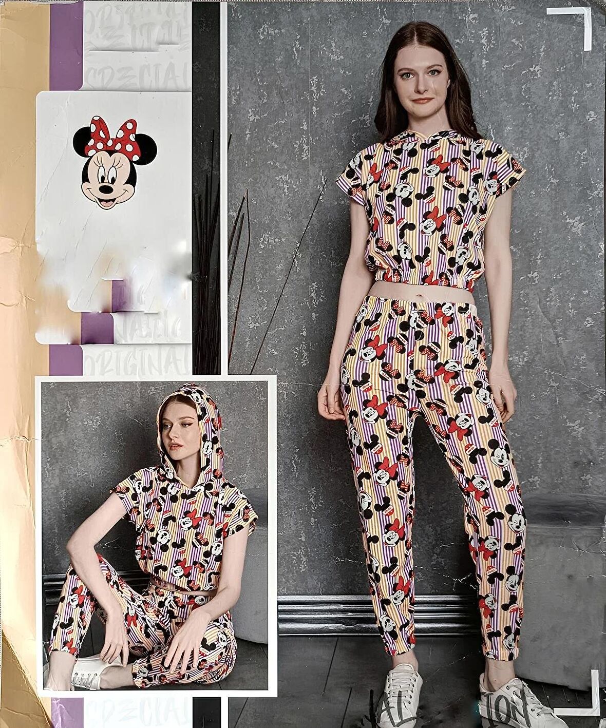 Mickey Mouse Kapişonlu Crop Pijama Takımı