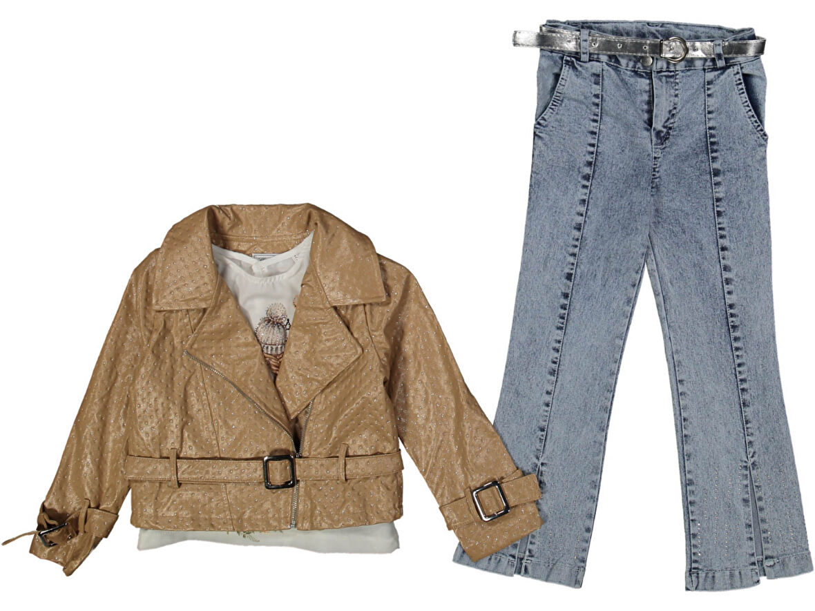 JEANS PANTOLONLU DERİ CEKETLİ 3'LÜ KIZ TAKIM