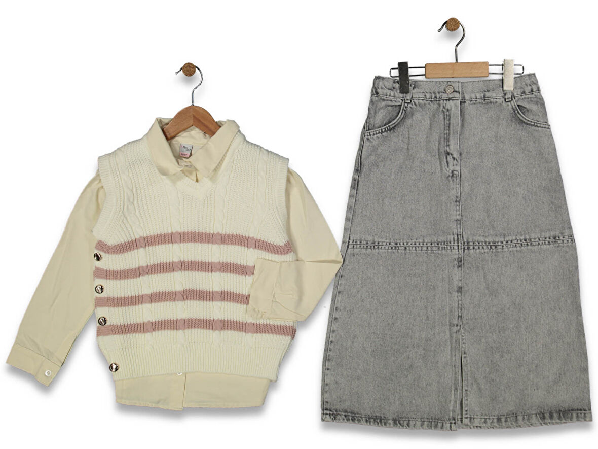 TRİKO YELEKLİ JEANS ETEKLİ 3'LÜ KIZ TAKIM