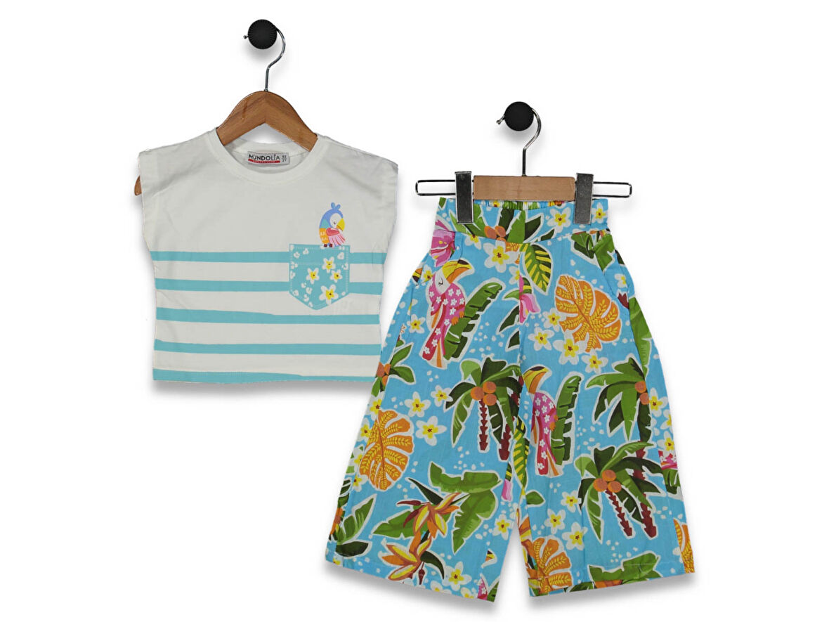 ÇİZGİLİ TROPİKAL DESENLİ KIZ TAKIM