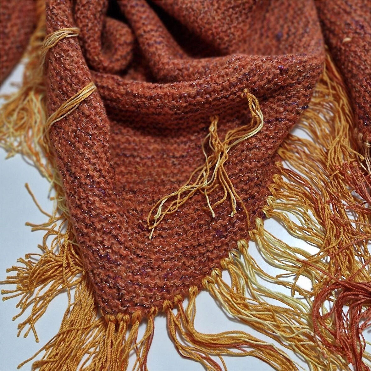 Üçgen el örgüsü Şal, Tasarım örgü şal, Hediyelik, Turuncu, Moli Tasarım 