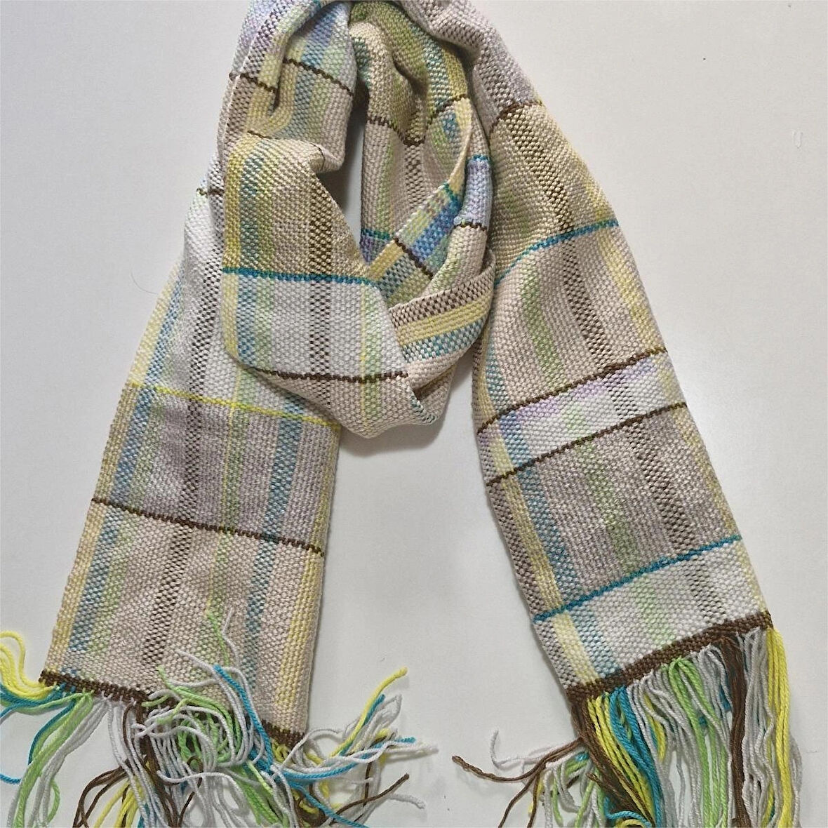 Ekru El Dokuması Atkı, Kilim Dokuması Tiftik Yünlü Atkı, Tasarım, Şık Kaşkol, Moli Tasarım