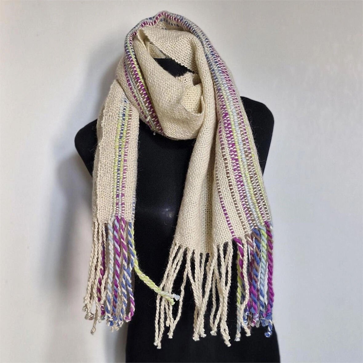 Ekru El Dokuması Atkı, Kilim Dokuması Tiftik Yünlü Atkı, Tasarım, Şık Kaşkol, Moli Tasarım