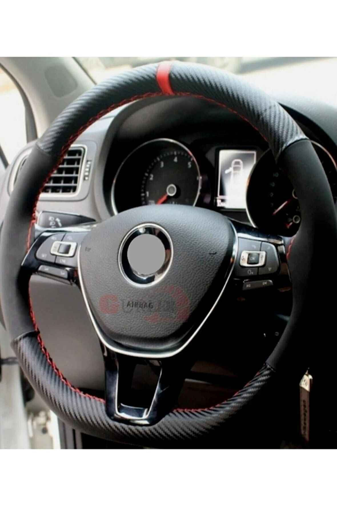 Vw Passat B8-b8,5 Uyumlu Dikmeli Direksiyon Kılıfı Karbon-alkantara Yüzüklü Kırmızı Ipli