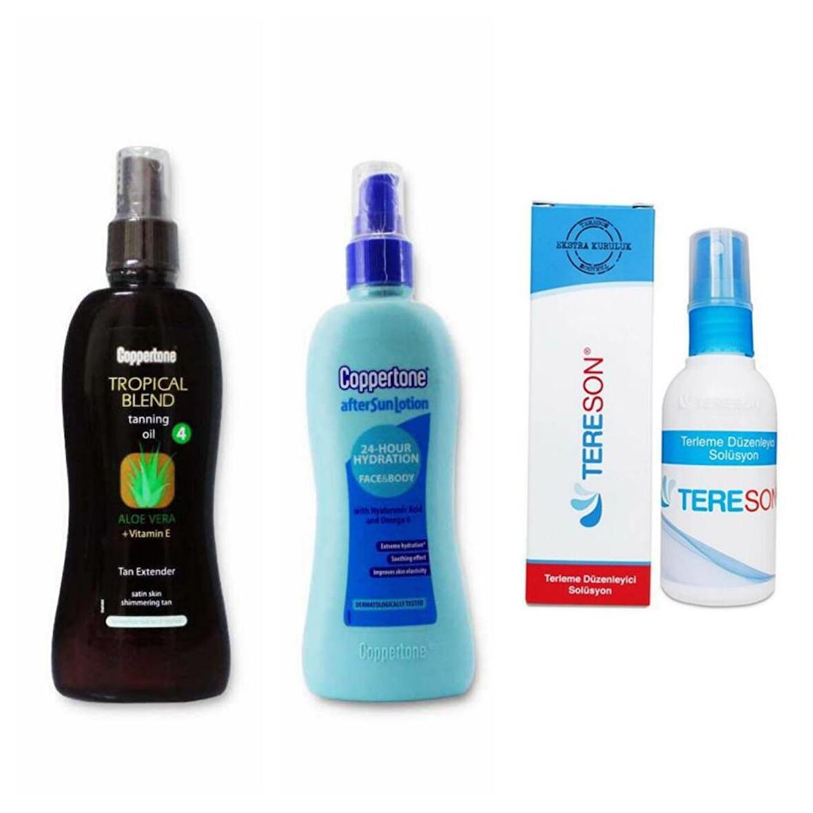 coppertone aloe vera yoğun bronzlaştırıcı yağ  200 ml , güneş sonrası losyon ve tereson terleme önleyici hediyeli set