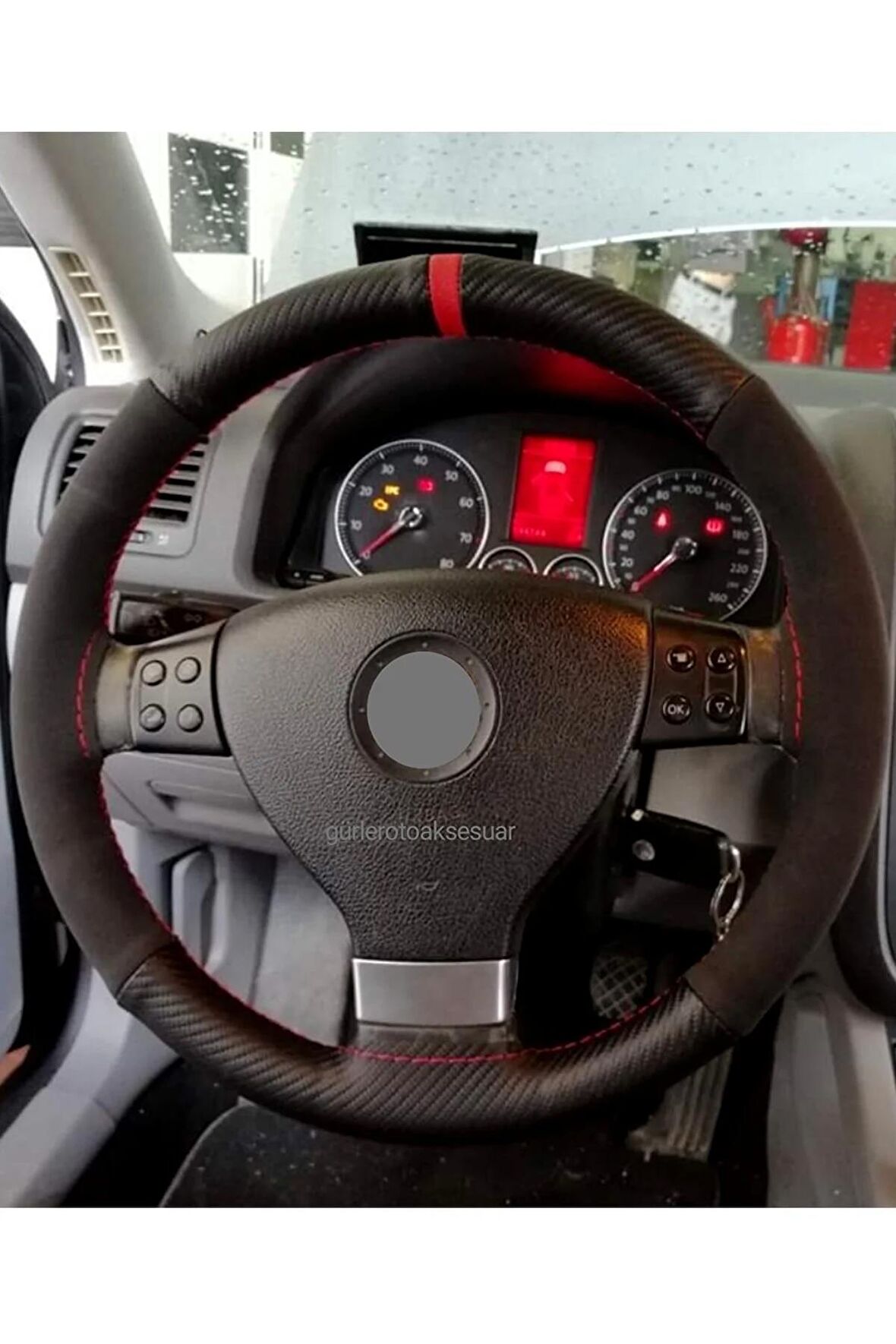 Vw Golf 6 Uyumlu Dikmeli Deri Direksiyon Kılıfı Alkantara Karbon Kırmızı