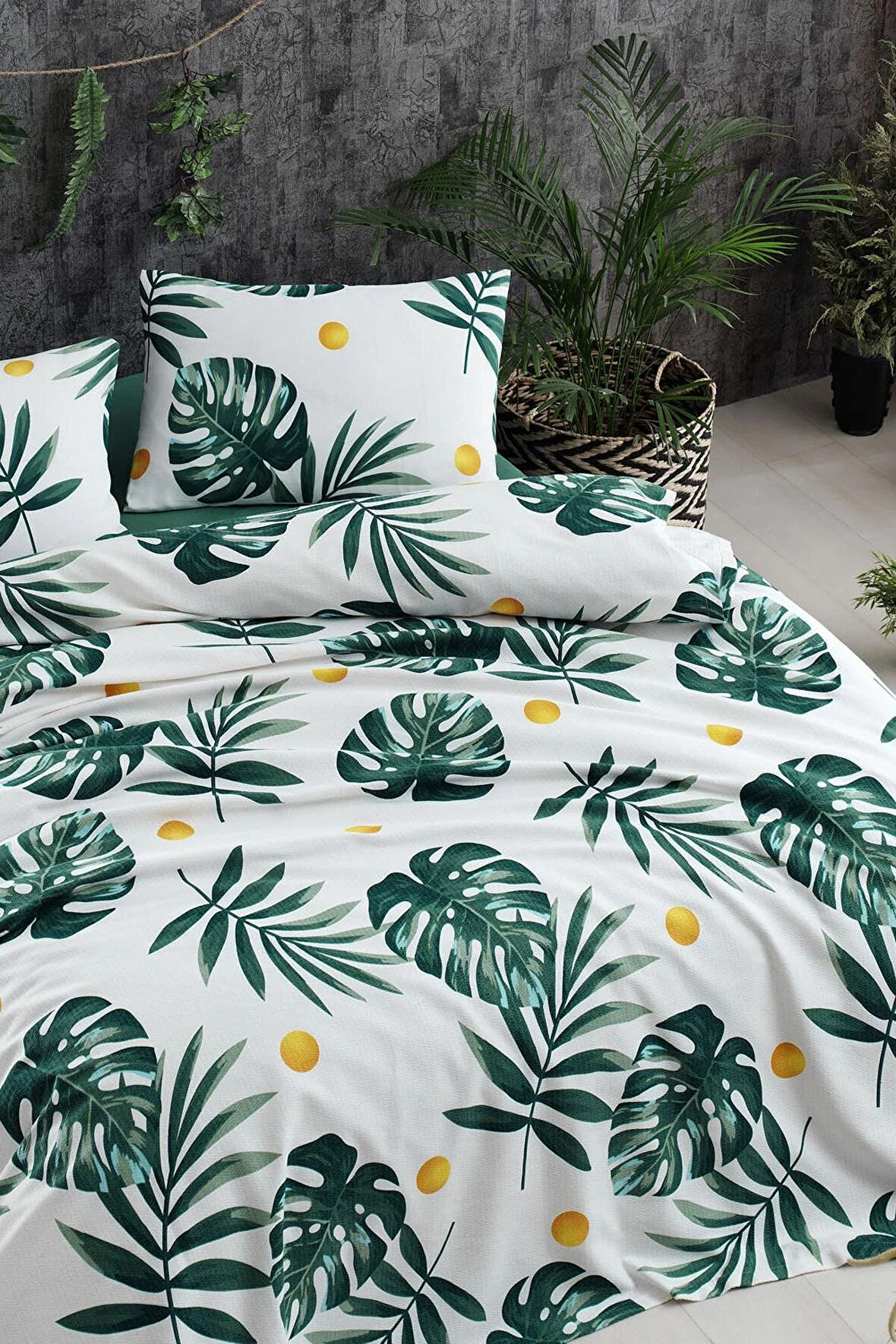 Doğal Pike Baskılı Çift Kişilik Monstera Yeşil