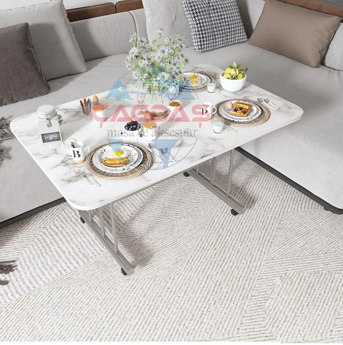 METAL AYAKLI TEKERLEKLİ EKONOMİK ORTA SEHPA 70 x 110 cm – BEYAZ MERMER