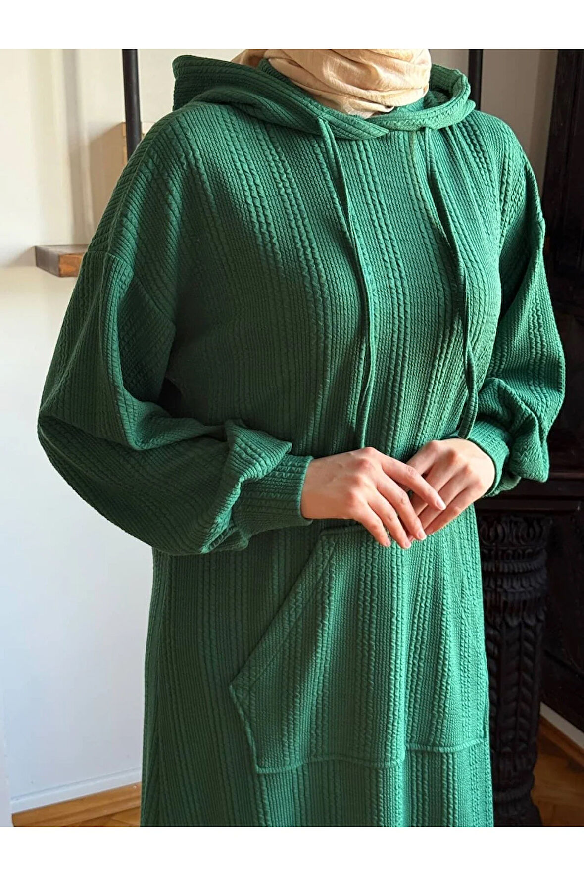 Kapüşonlu Cepli Örme Elbise 2401 NAVRA |