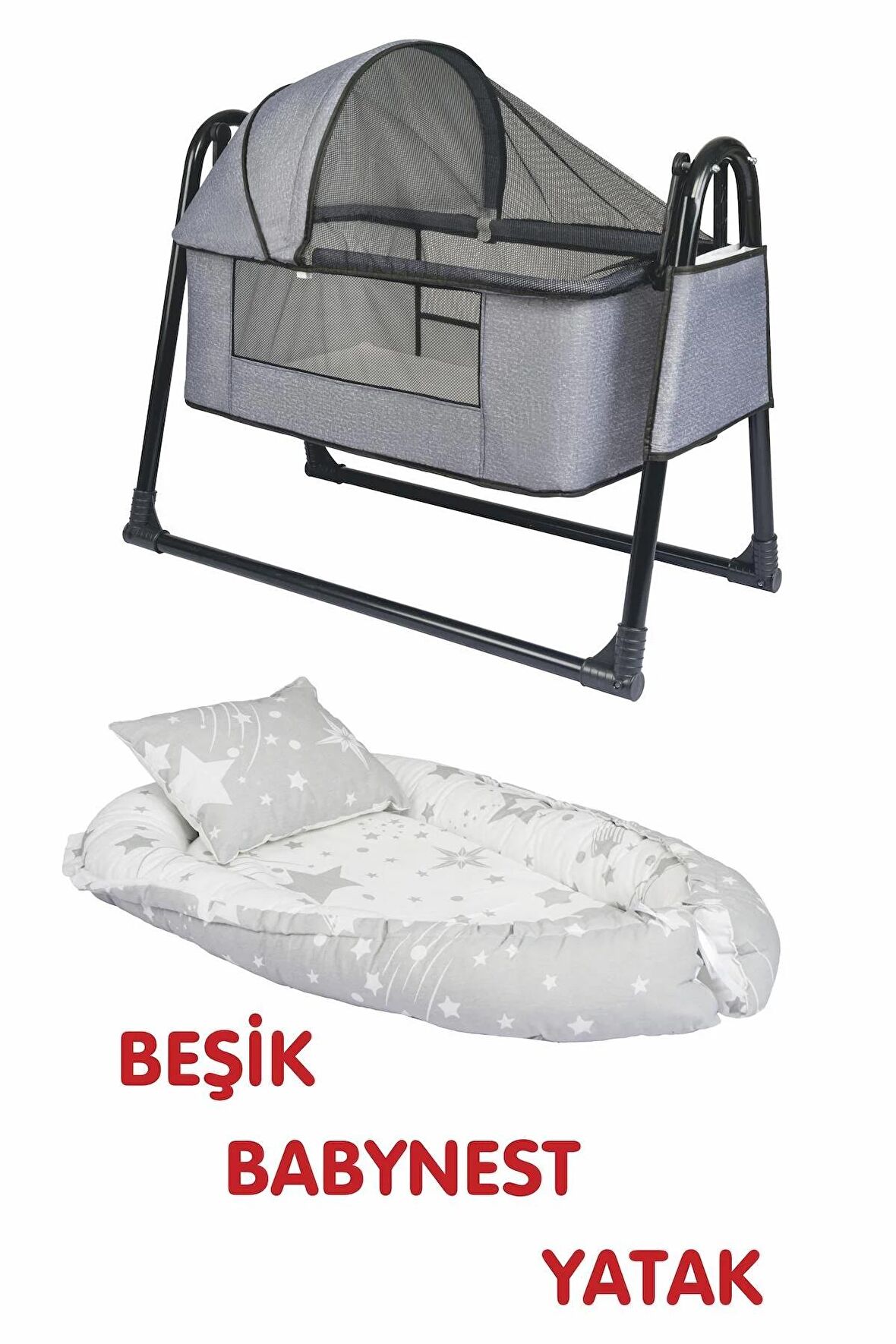 Btrend Babynest Yatak Ve Yastık+ Cep Hediyeli Sallanır Sepet Beşik Bebek Beşiği Hamak 2 li Set Gri