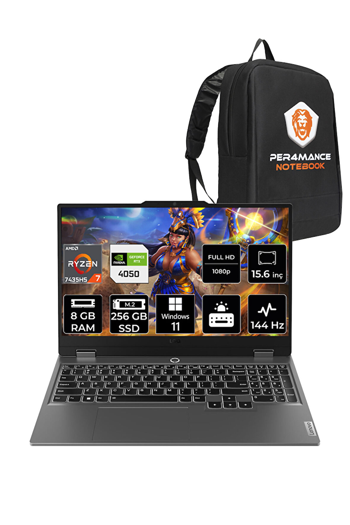 Lenovo LOQ R7 7435HS 8GB 256GB SSD RTX4050/6GB 105W 144Hz FHD 15.6" W11P Gaming Laptop & PER4 ÇANTA