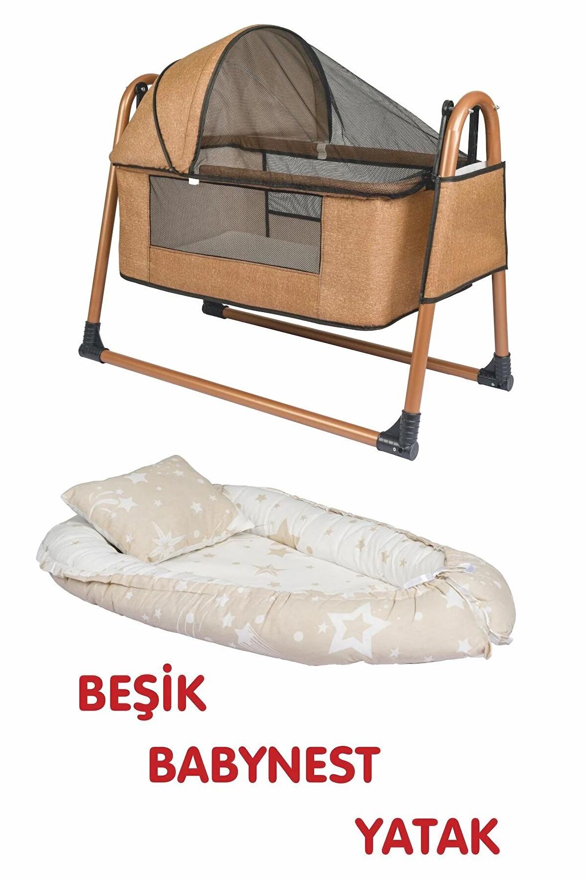 Btrend Babynest Yatak Ve Yastık+ Cep Hediyeli Sallanır Sepet Beşik Bebek Beşiği Hamak 2 li Set Gold Kahve Rengi