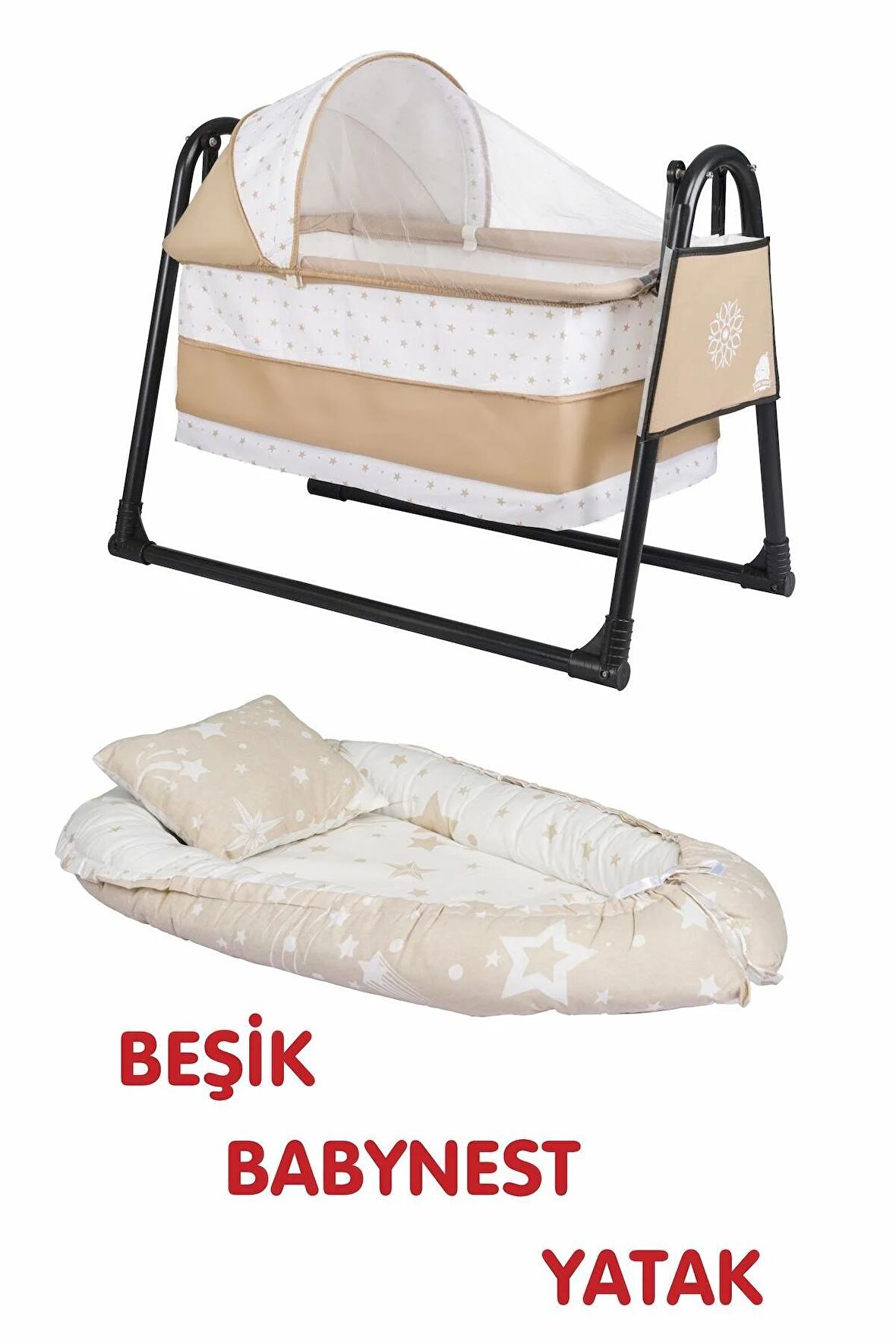 Btrend Babynest Yatak Ve Yastık+ Cep Hediyeli Sallanır Sepet Beşik Bebek Beşiği Hamak 2 li Set Açık Kahverengi