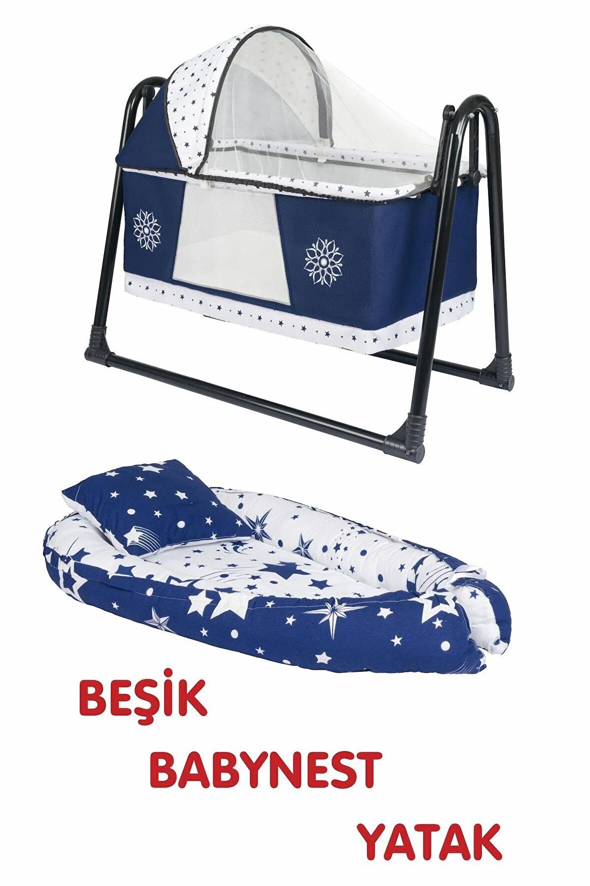 Btrend Babynest Yatak Ve Yastık+ Cep Hediyeli Sallanır Sepet Beşik Bebek Beşiği Hamak 2 li Set Lacivert