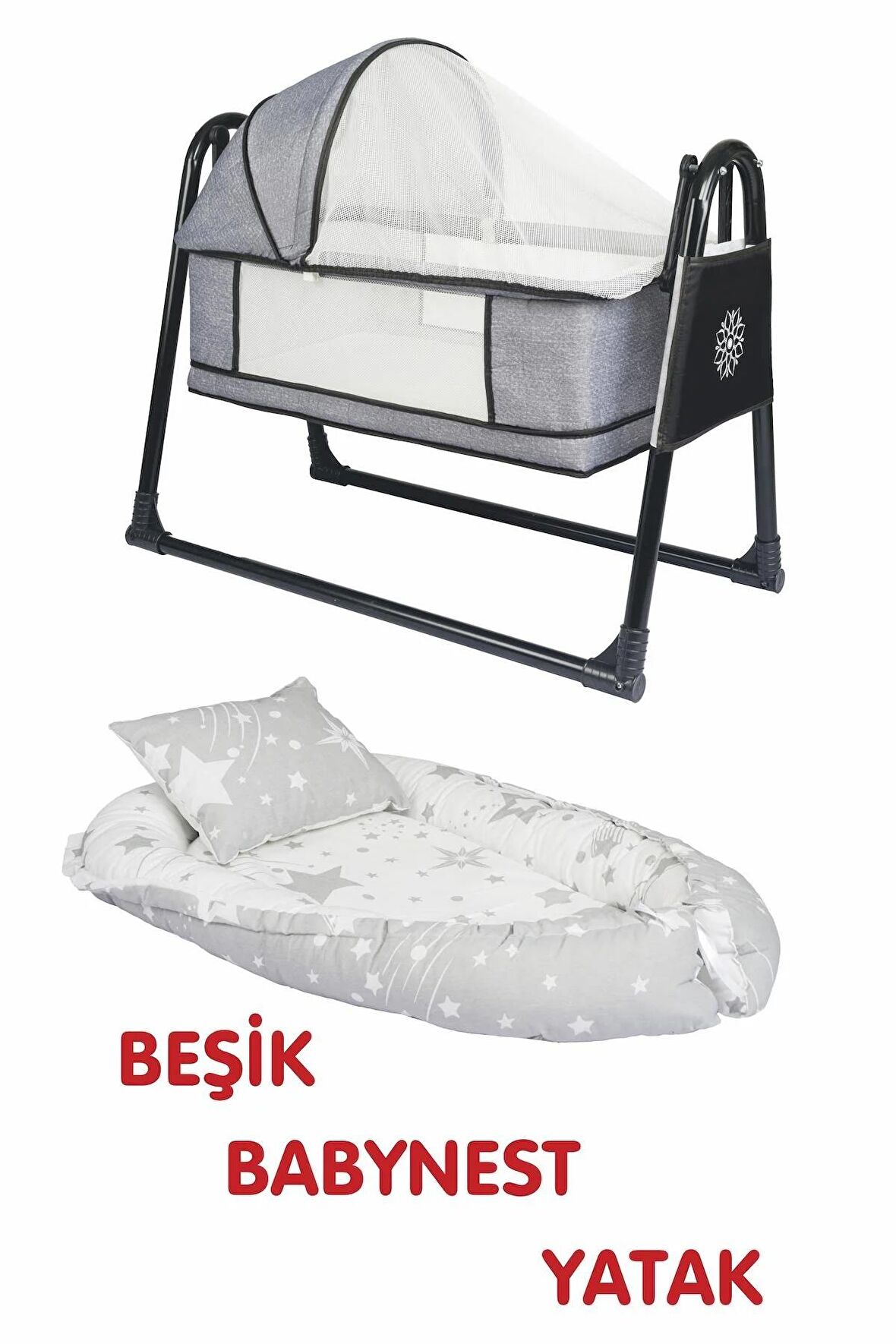 Btrend Babynest Yatak Ve Yastık+ Cep Hediyeli Sallanır Sepet Beşik Bebek Beşiği Hamak 2 li Set Gri