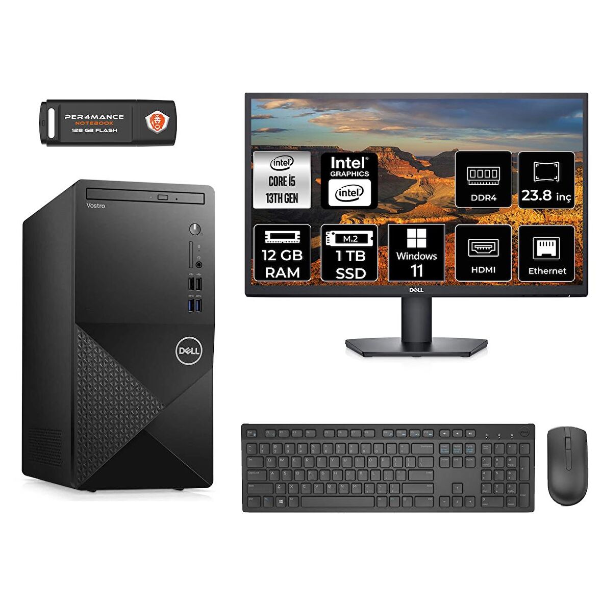 Dell Vostro 3020 i5 13400 12GB 1TB SSD W11P N2046VDT3020MTU MASAÜSTÜ PC & 23.8" MONİTÖR 