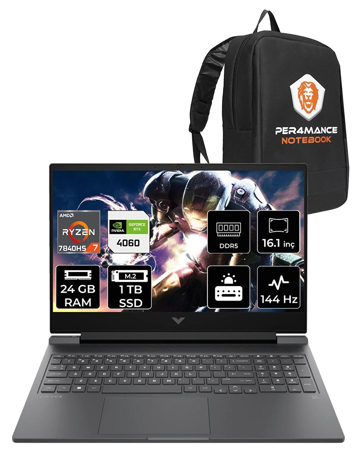 HP Victus 16 Ryzen 7 7840HS 24GB 1TB SSD RTX4060/8GB 144HZ 16.1" FHD FDOS 892P8EA & PER4 ÇANTA