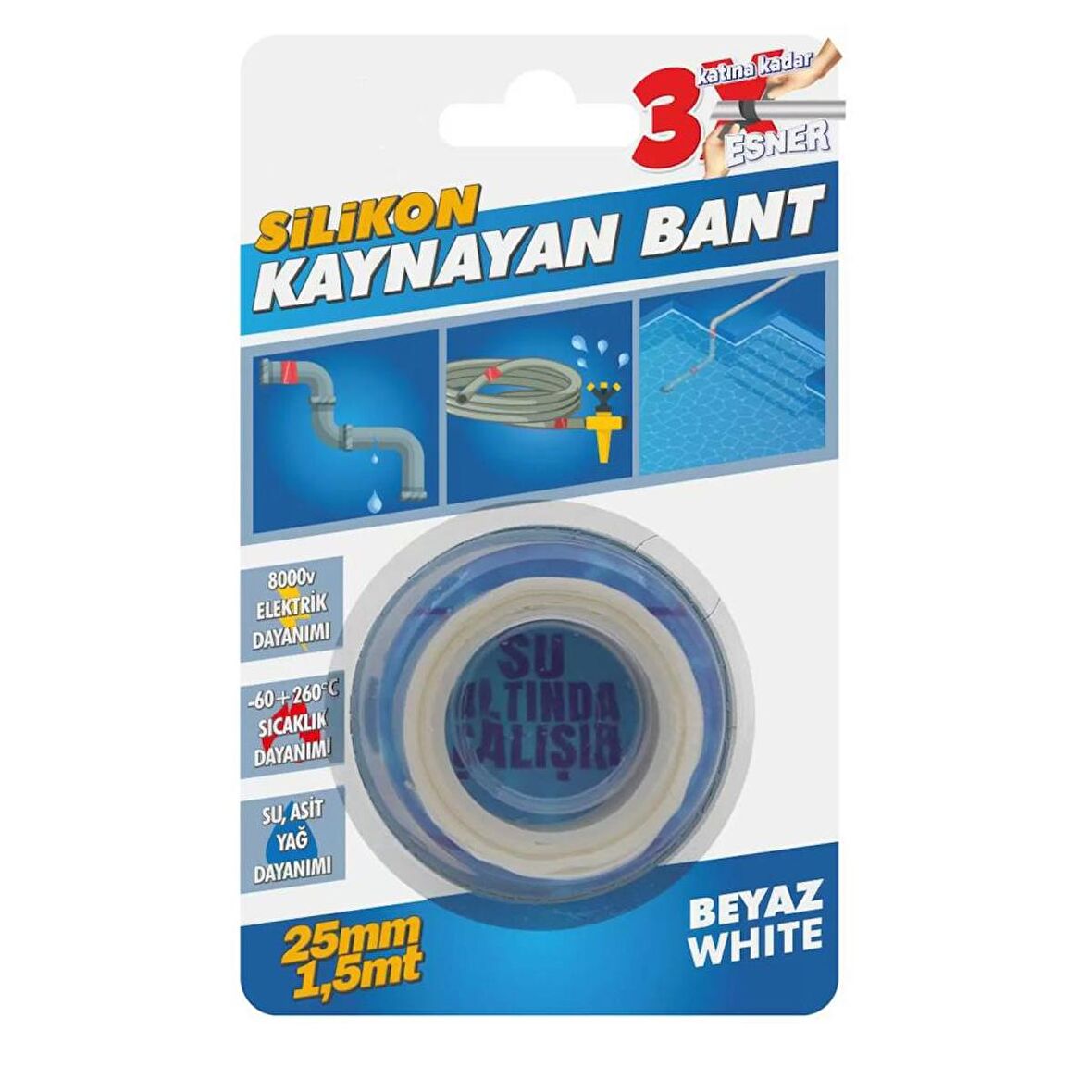 Kendinden Kaynayan Su Geçirmez Silikon Bant Beyaz 25mm x 1,5mt 
