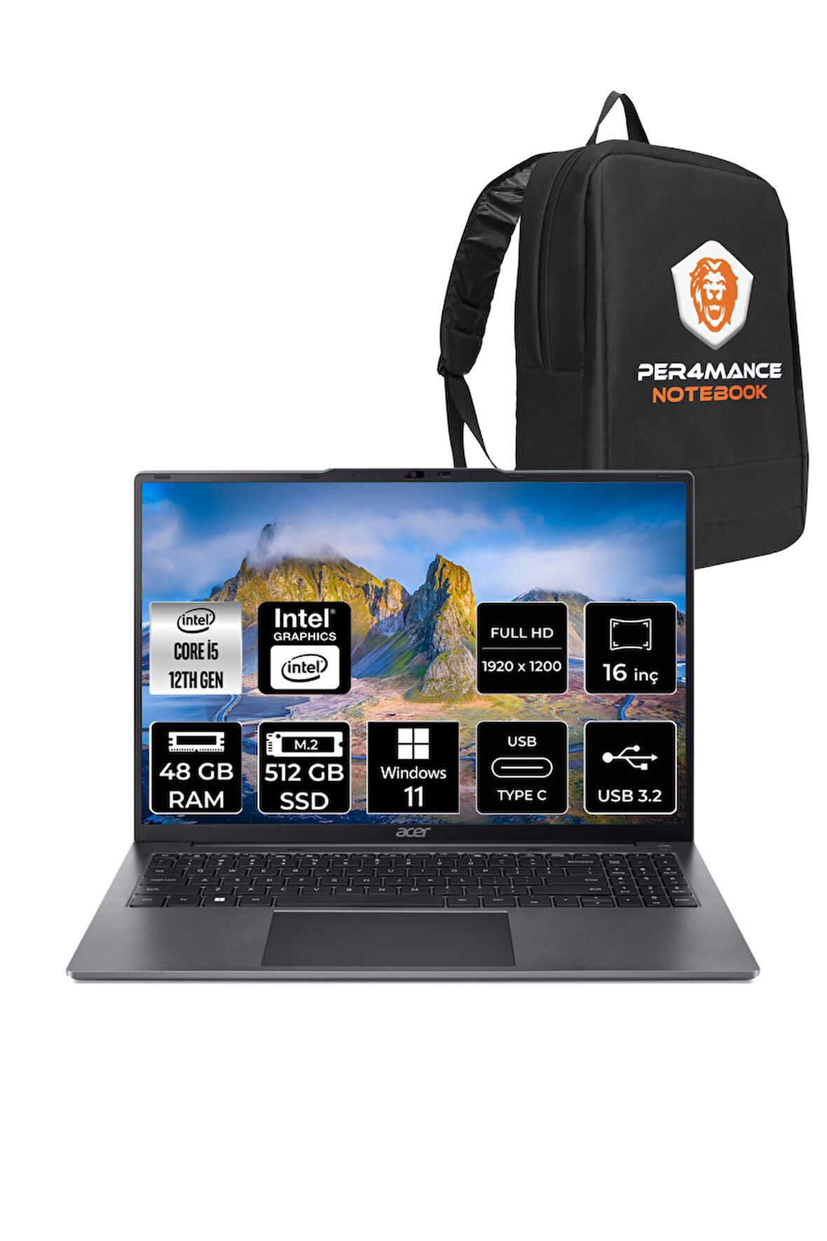 ACER Aspire Lite i5 1235U 48GB DDR5 512GB SSD 16'' WUXGA W11H Taşınabilir Bilgisayar & PER4 ÇANTA