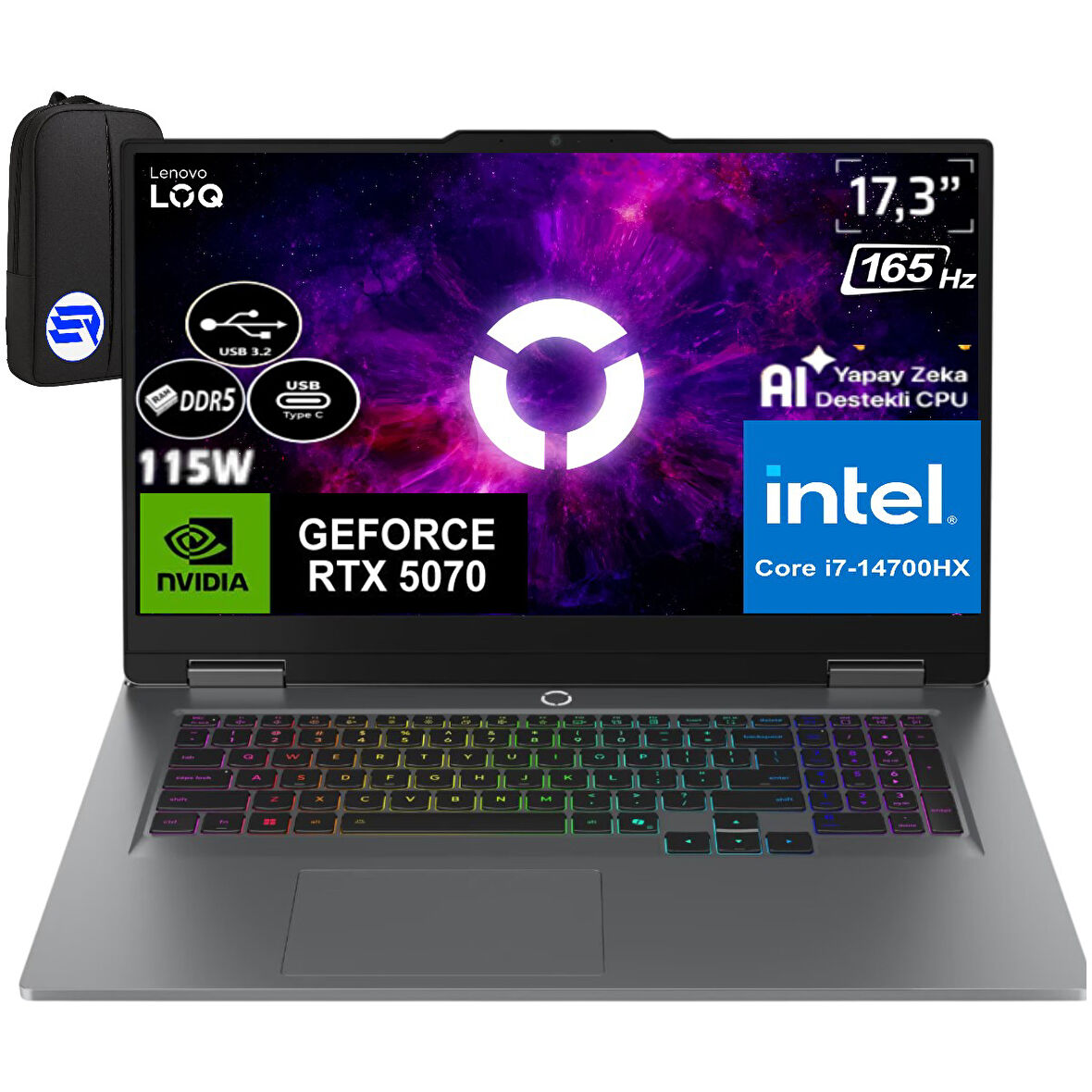 Lenovo Loq 17IRX10 I7-14700HX 64GB Ram 1tb SSD RTX5070 8gb (115W) 17,3" Fhd 165Hz WIN11 Pro 83JH006HTREP2 + Elektropasaj Çanta