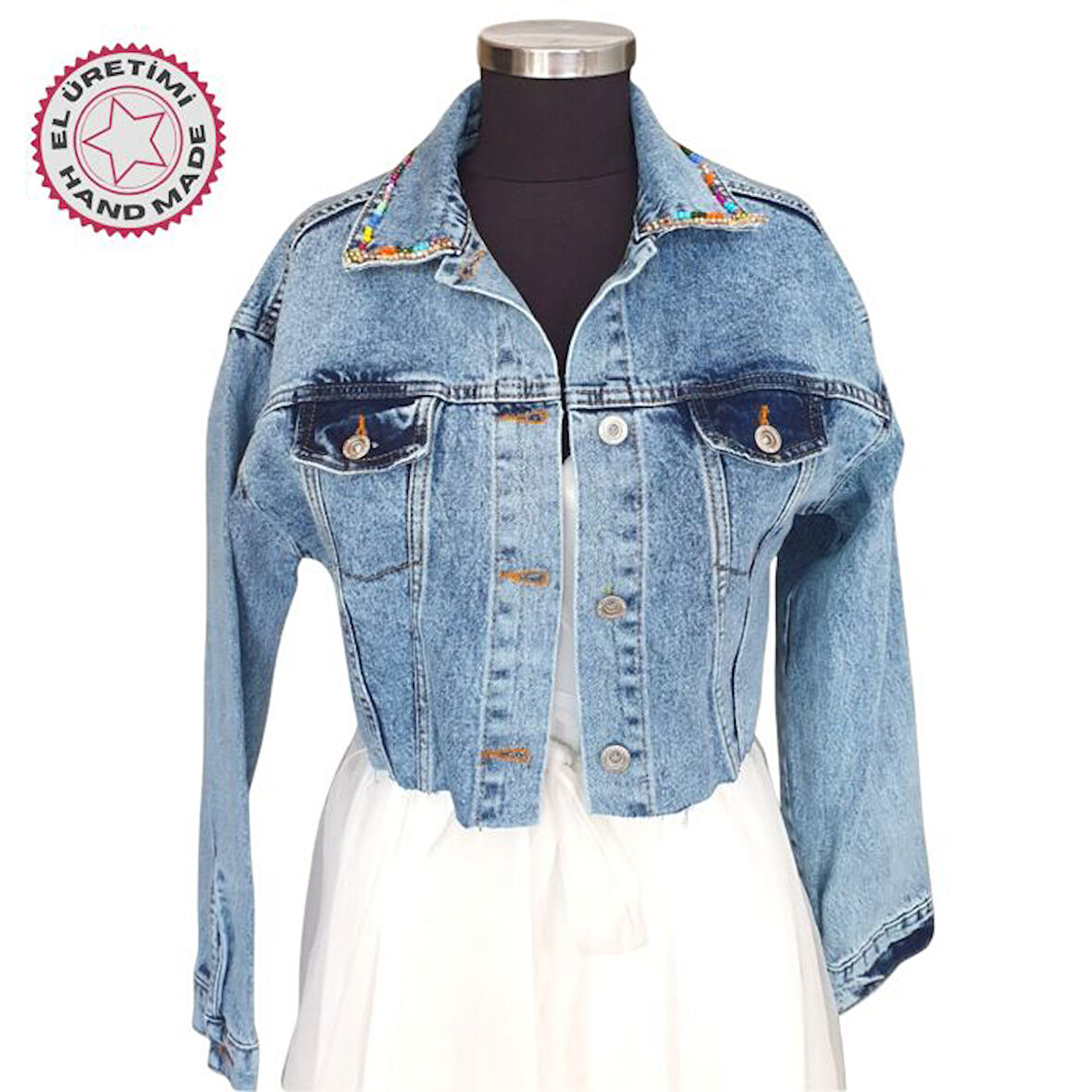 Uretti - Sümeyya 2589 9753 Özel Tasarım Boncuk Ve Taş İşlemeli Mavi Kadın Kot Ceket - 38 / 40