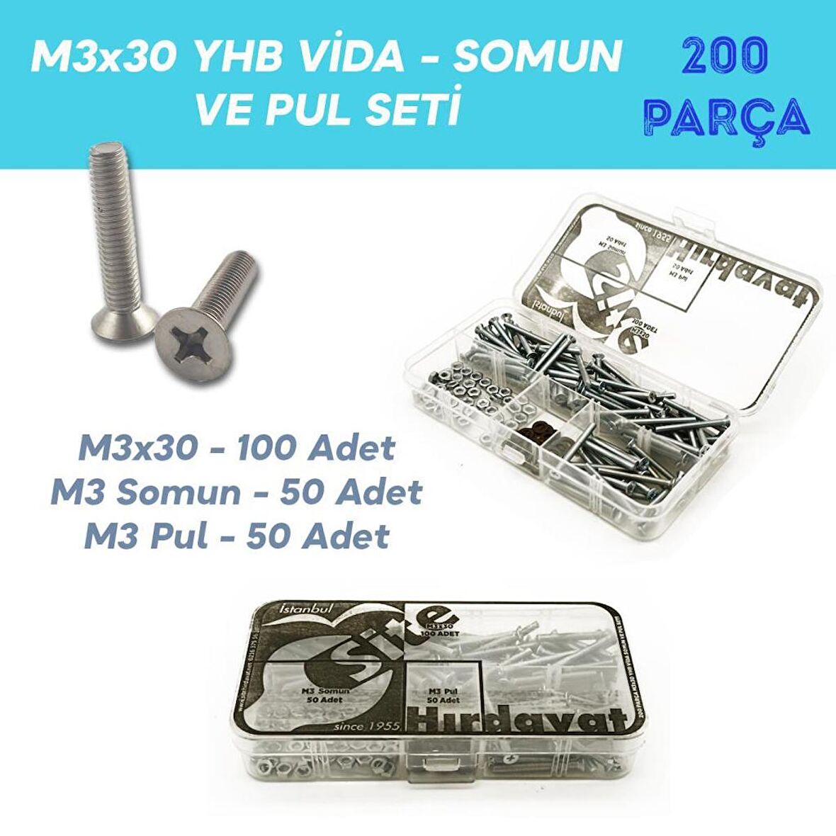 M3x30 YHB Vida Somun ve Pul Seti, 200 Parça