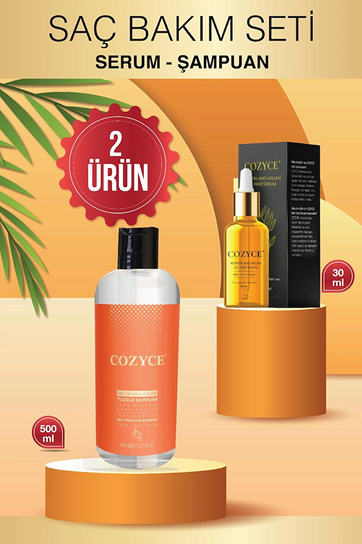 Cozyce Saç Bakım Serumu 30 ml Argan & Keratinli Tuzsuz Şampuan Ince Telli Kuru Saçlar Için 500 ml
