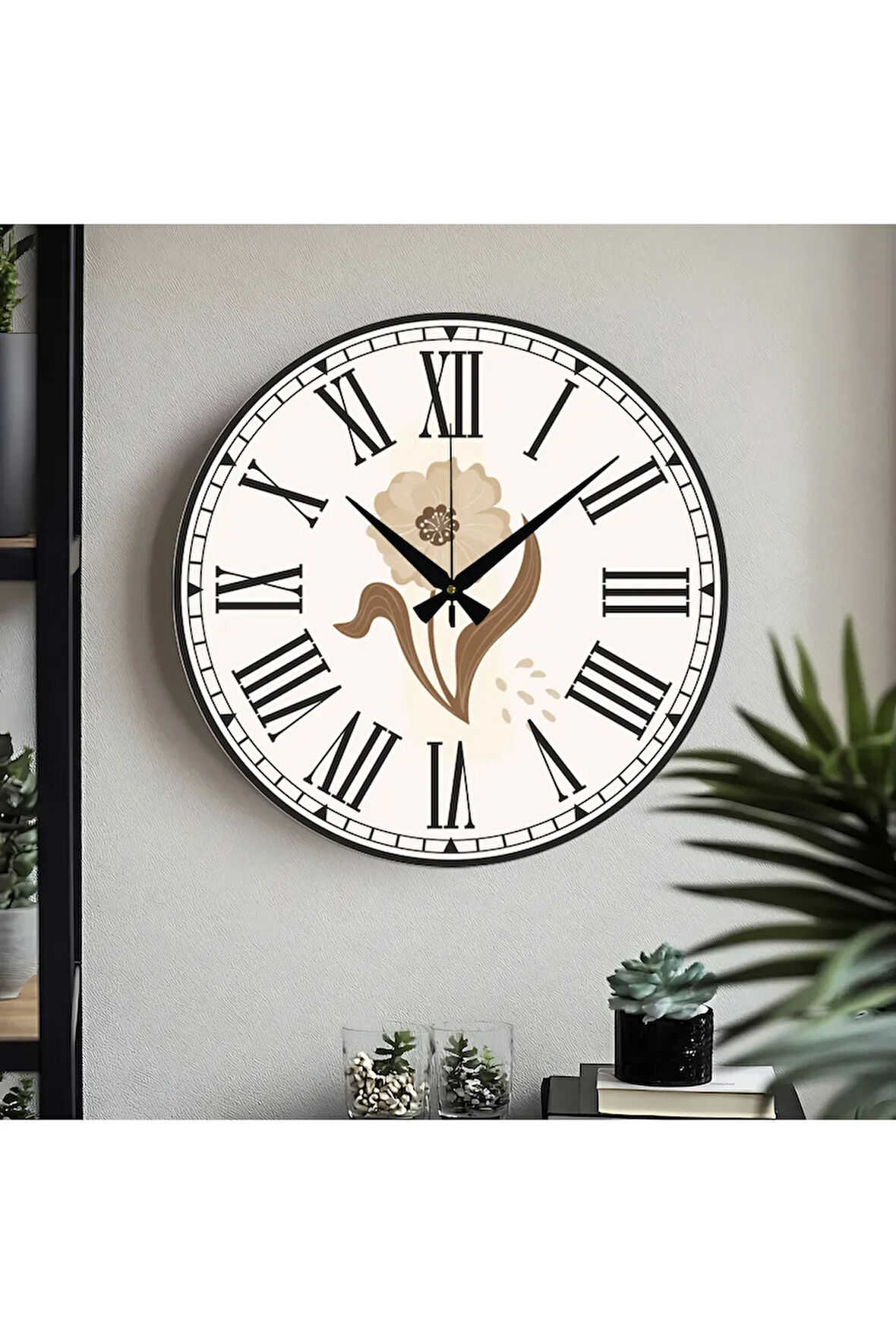 Çiçek desenli Dekoratif Türkçe Rakamlı UV Baskılı Duvar Saati (Sessiz) Akar Mekanizma Metal Akrep