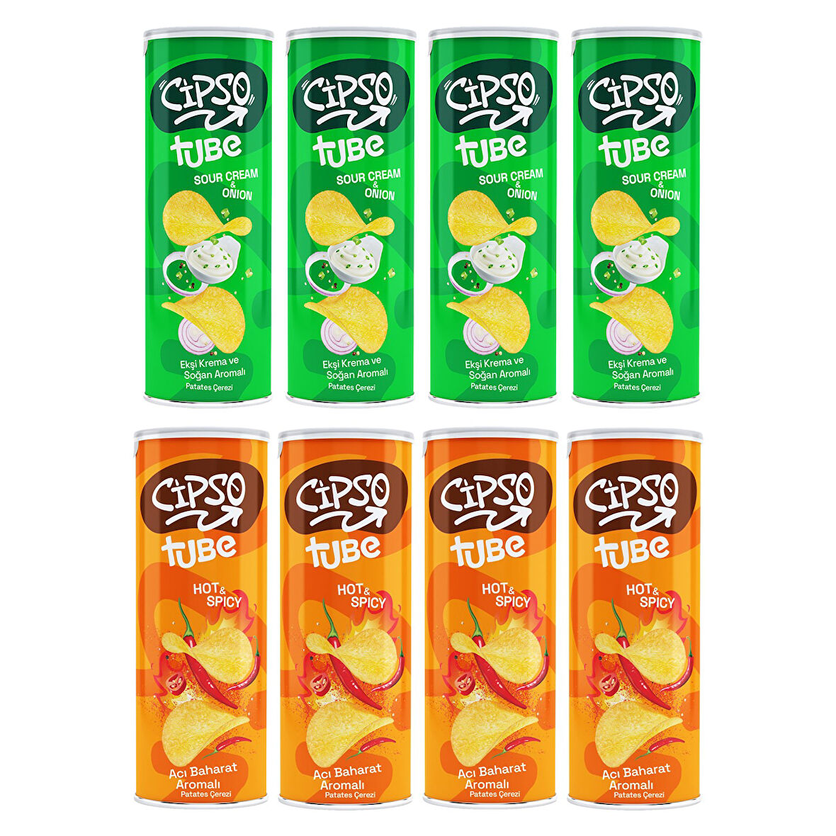 Cipso Tube Acı Baharat ve Ekşi Krema&Soğan Aromalı Cips 160 gr x 8 Adet